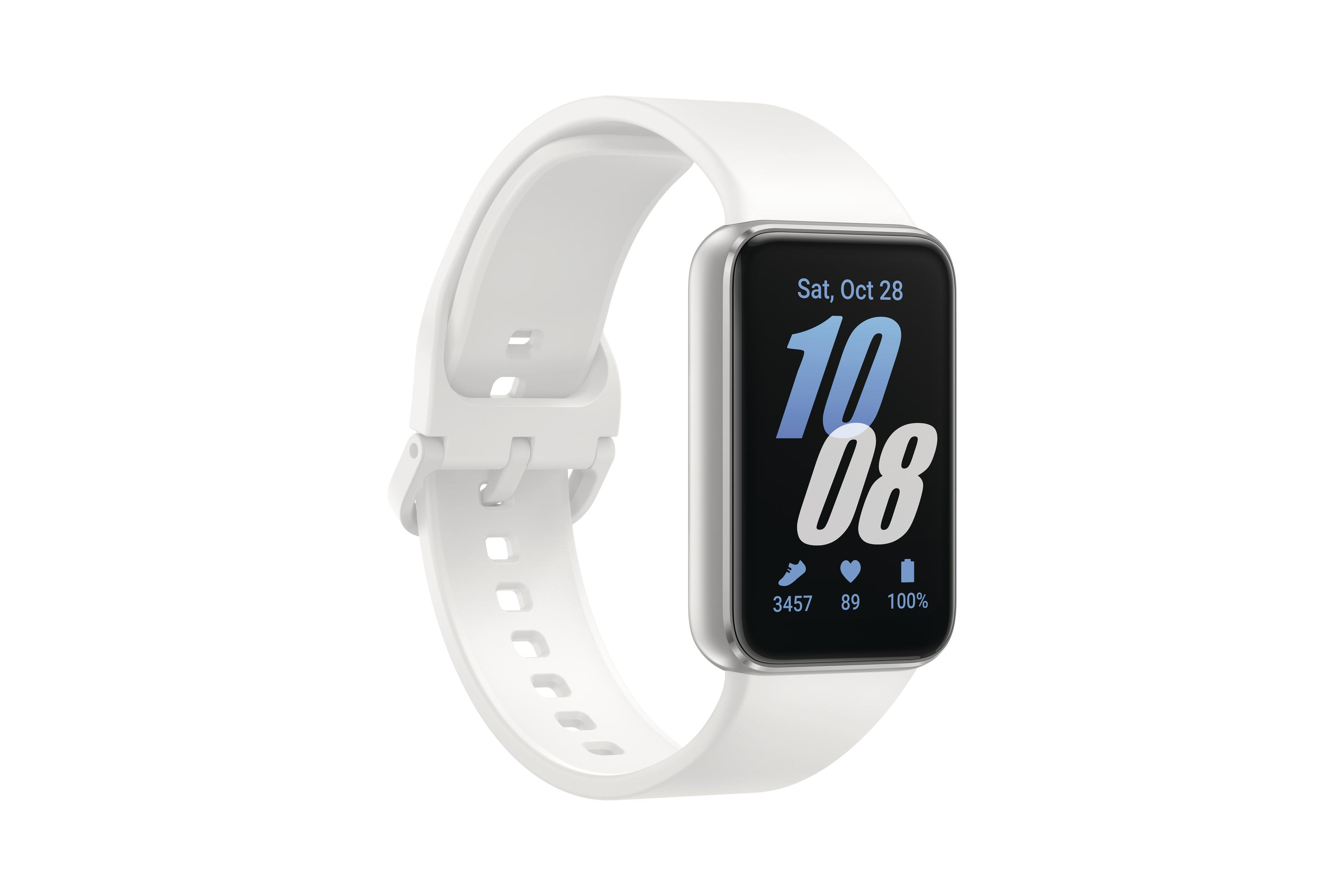 Weiße Smartwatch mit Display, das Zeit und Gesundheitsmetriken anzeigt.