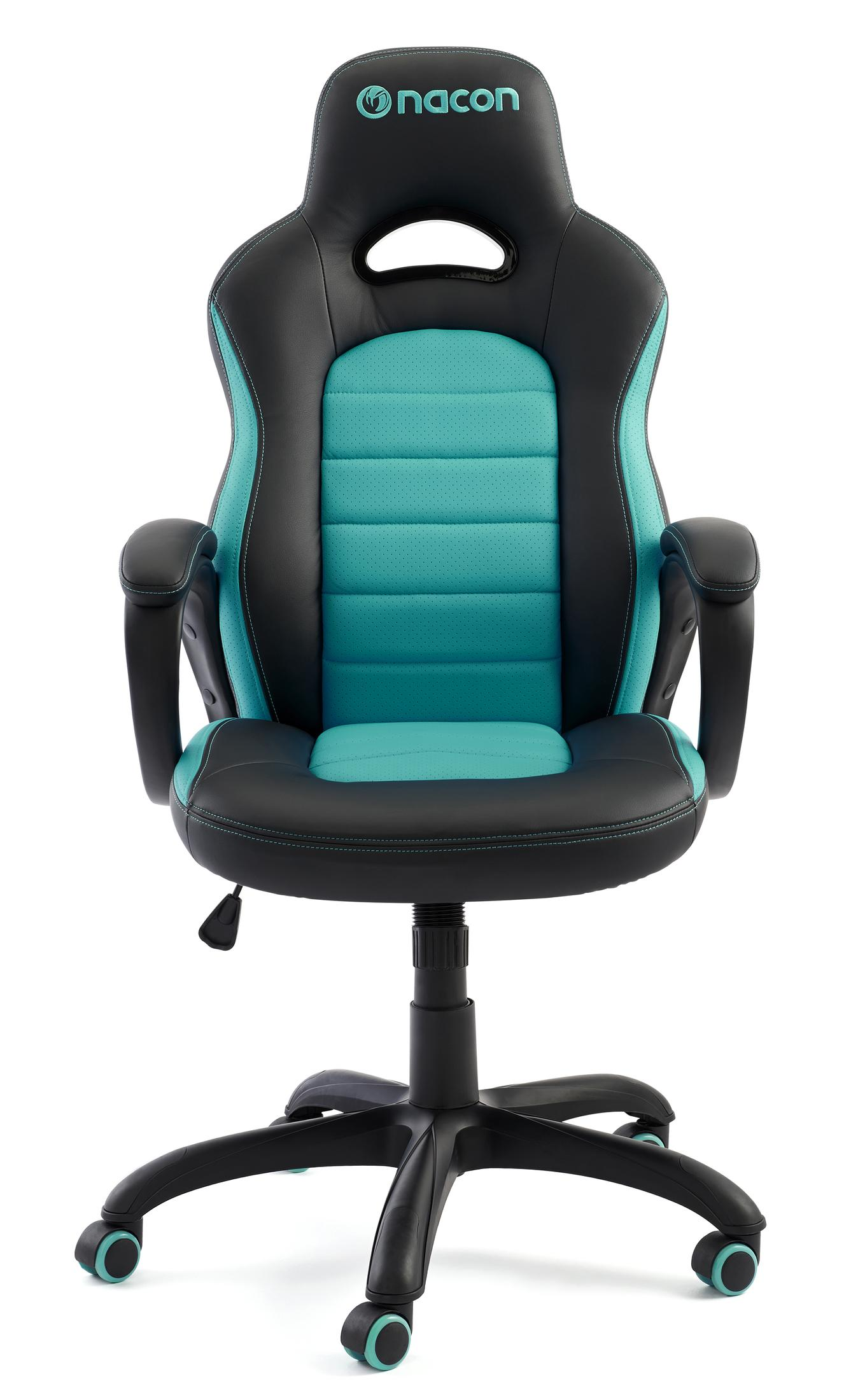 Una sedia da gaming nera e verde acqua con poggiatesta e braccioli, su sfondo bianco.