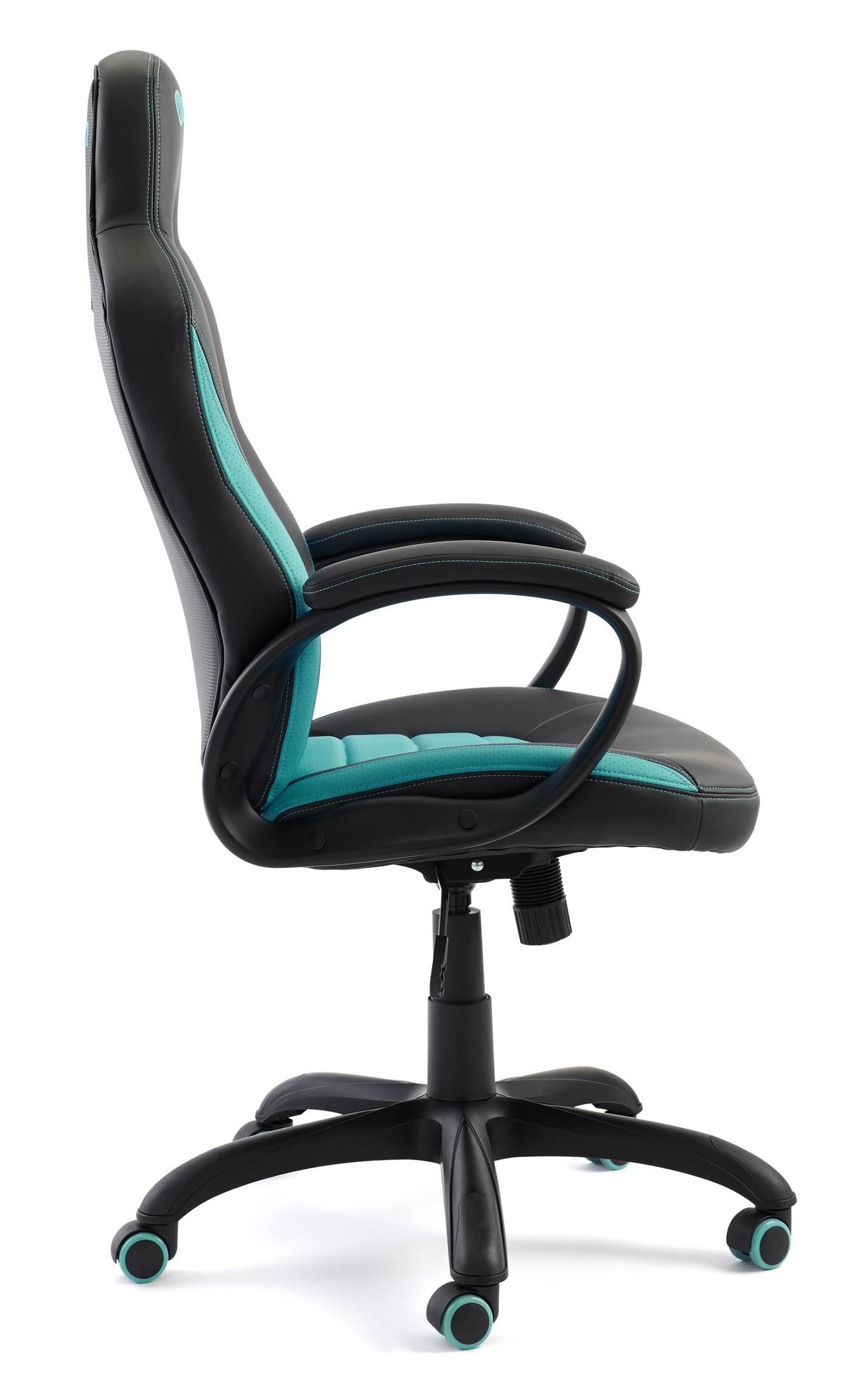 Vista laterale di una sedia da gaming nera con accenti turchesi, mostra braccioli e base a cinque stelle.