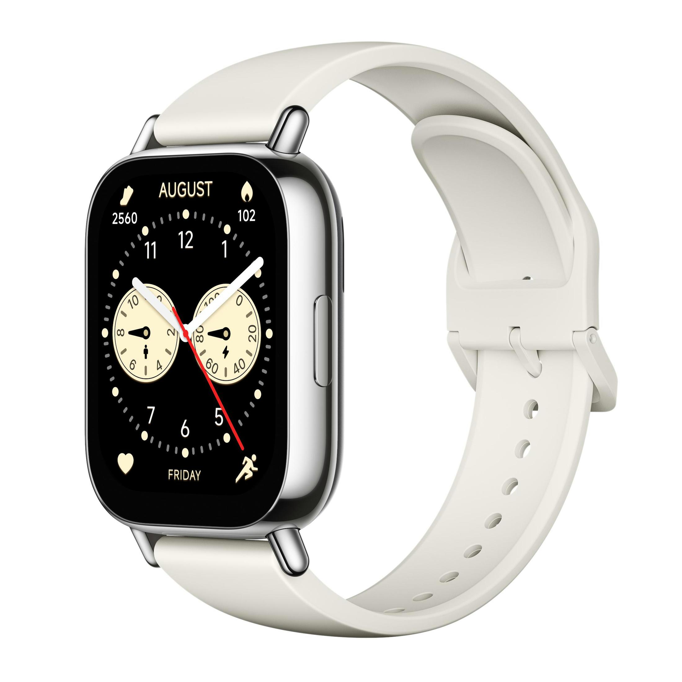 Une smartwatch argentée avec un bracelet blanc. Le cadran de la montre affiche l'heure et la date.
