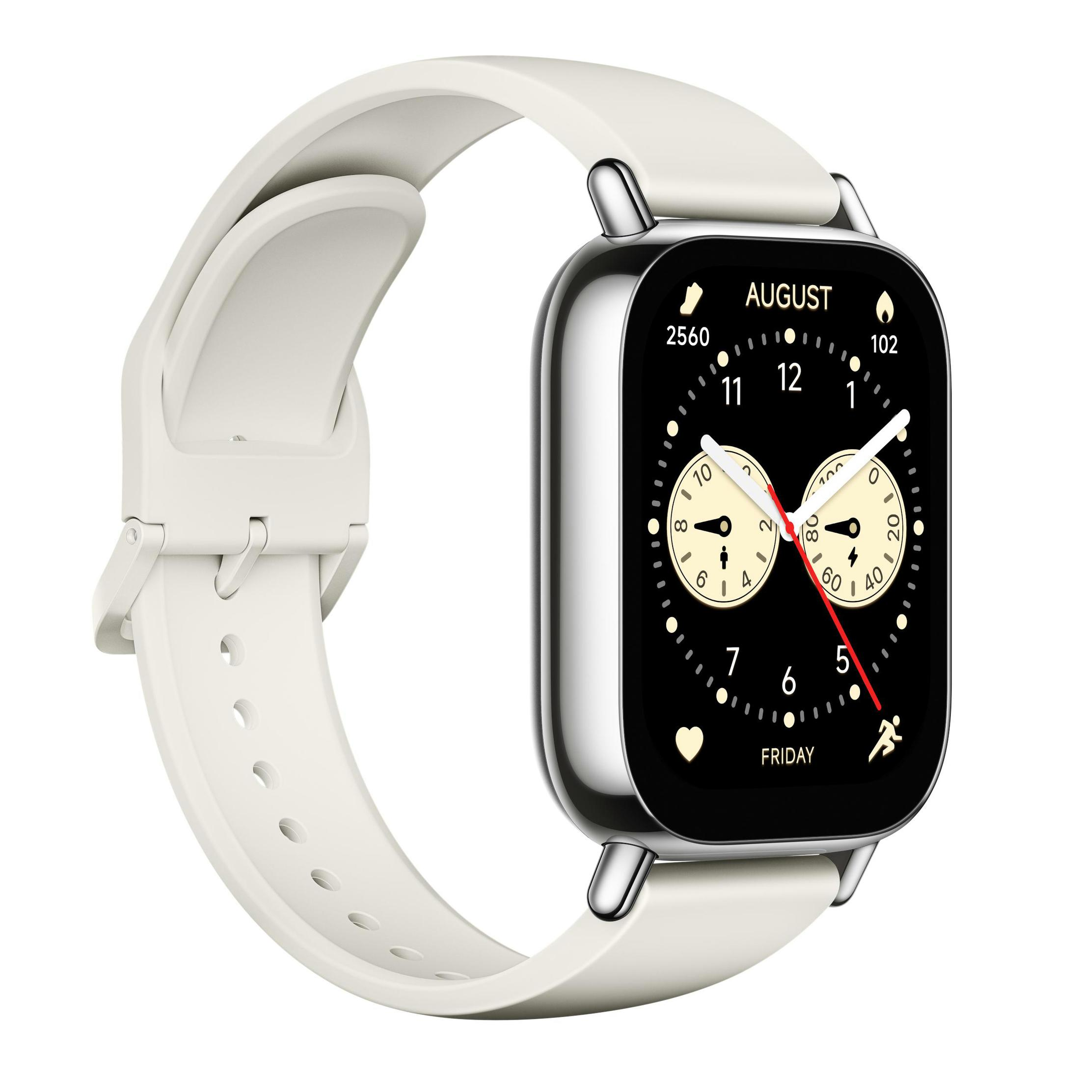 Une smartwatch avec un bracelet blanc, un écran noir et un boîtier argenté. Heure affichée : août, vendredi, 2560.
