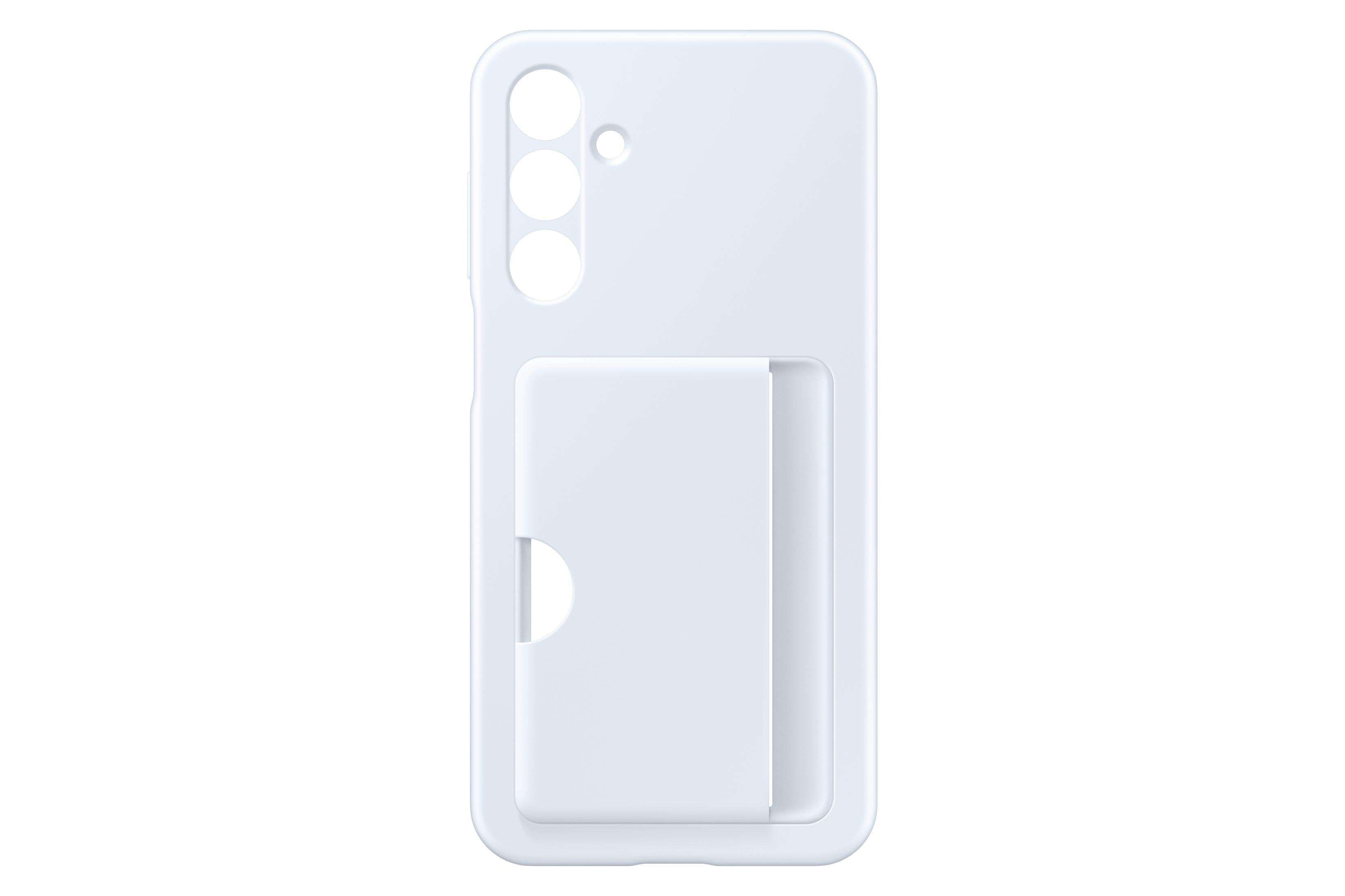 Een lichtblauwe telefoonhoes met een uitsparing voor een portemonnee. De uitsparing is rechthoekig op de achterkant.