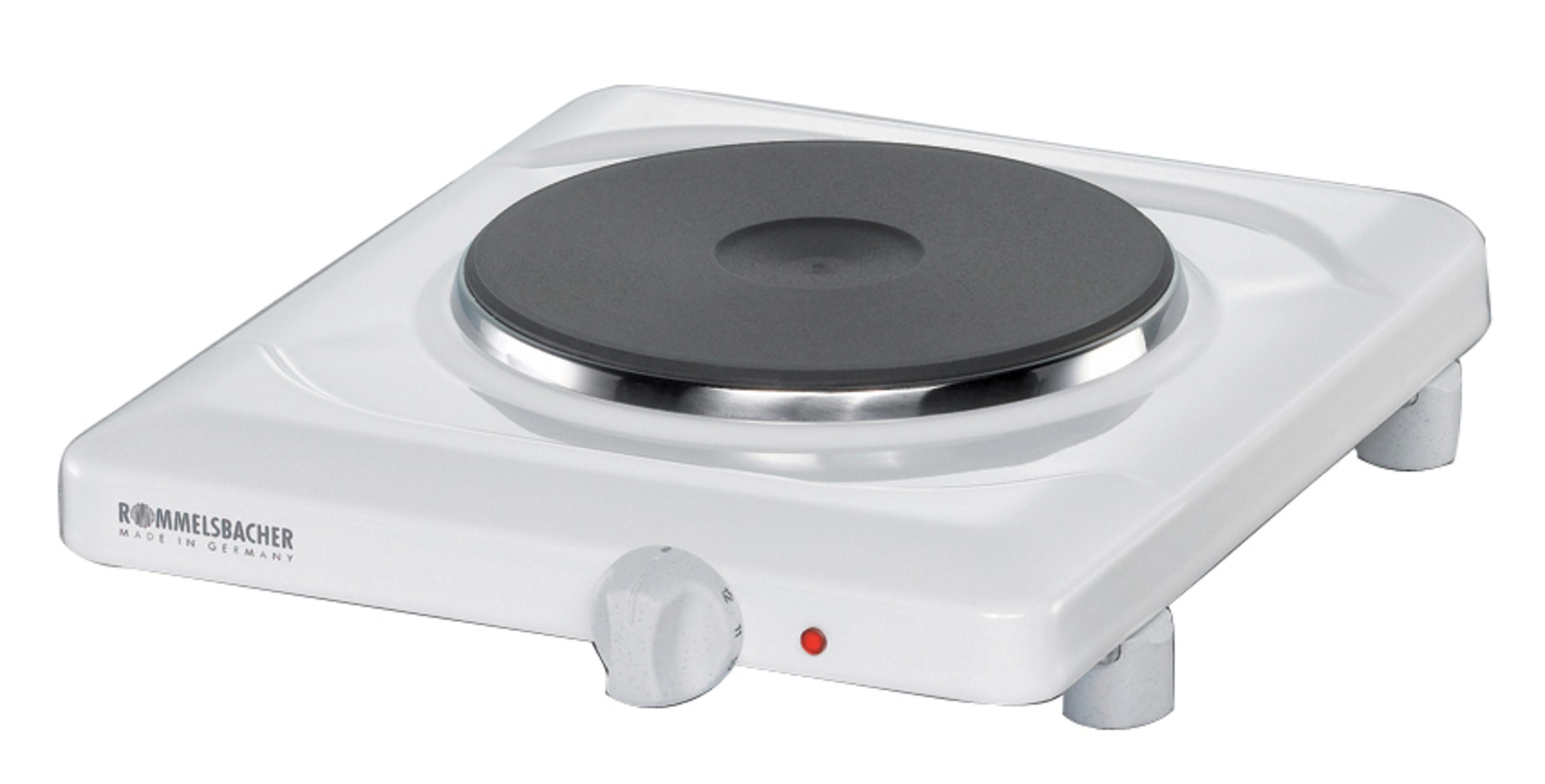 Placa de cocina blanca Rommelsbacher con elemento calefactor circular negro y perilla.