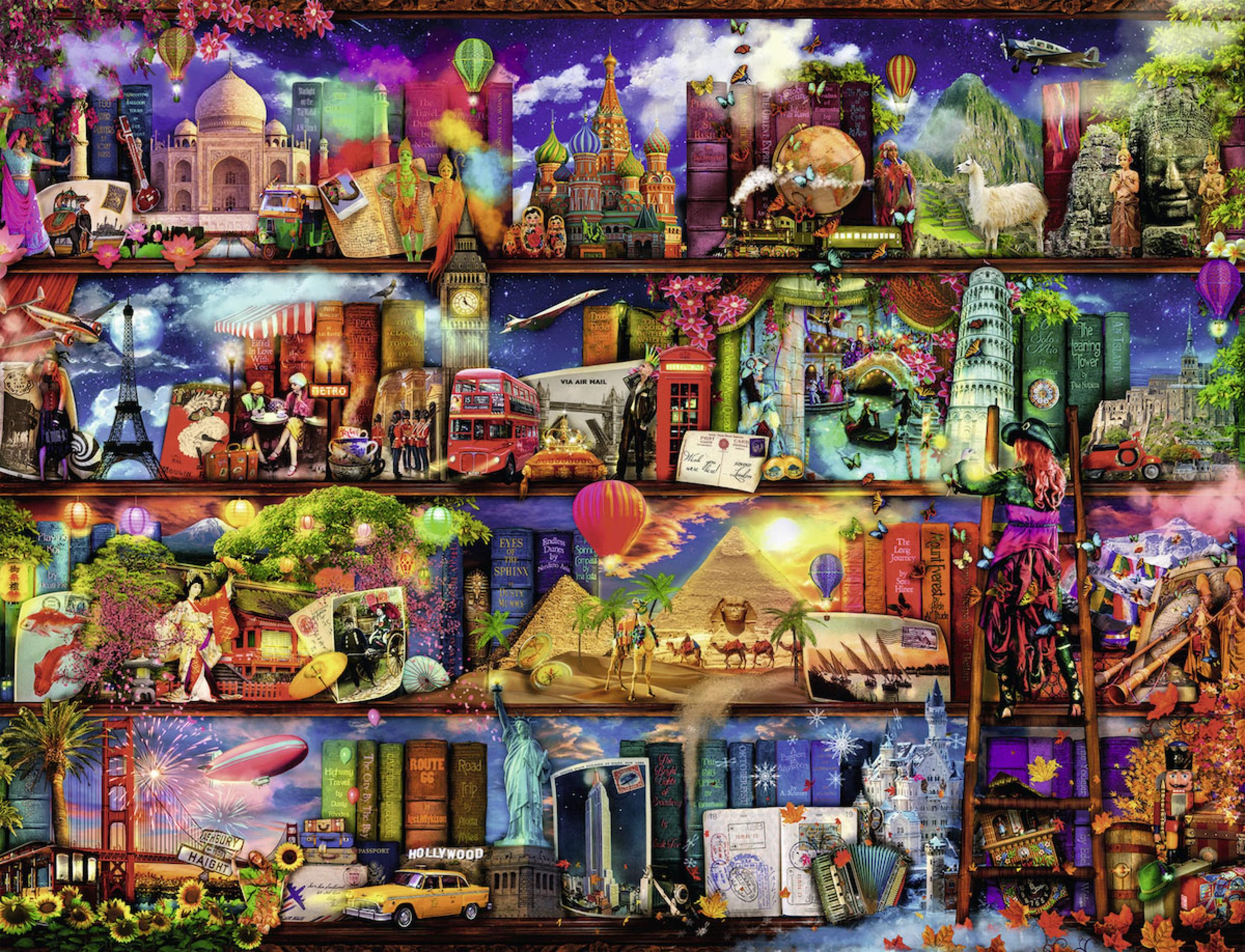 Ein Puzzle mit einem Bücherregal voller Sehenswürdigkeiten aus aller Welt und verschiedenen Menschen.