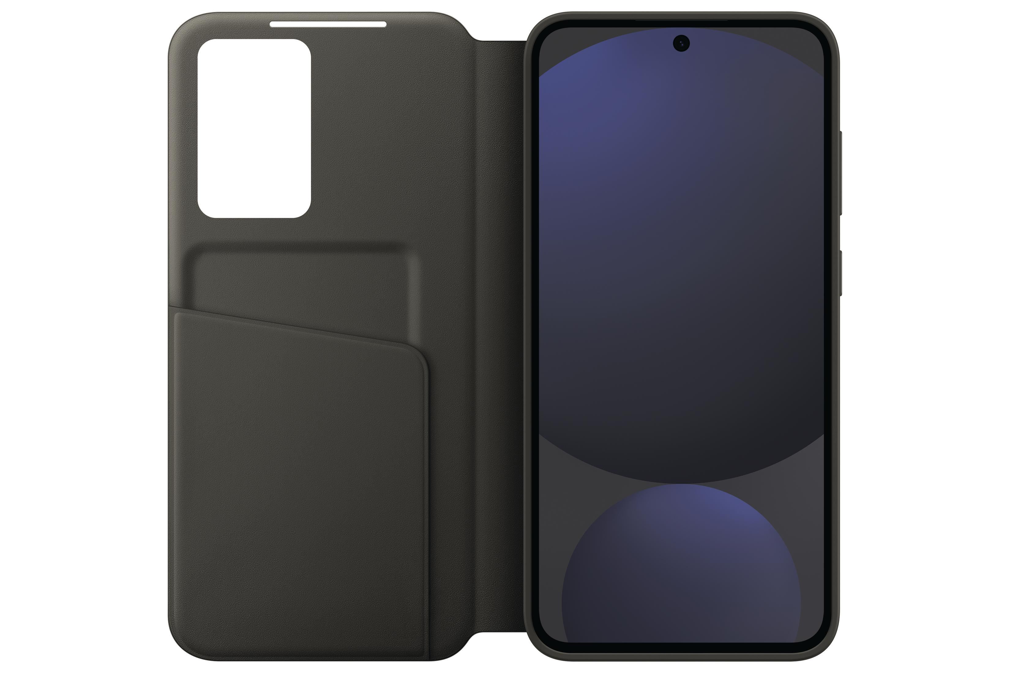 Funda de teléfono negra con teléfono dentro, abierta. Muestra la pantalla y una ranura para tarjetas. Fondo blanco.
