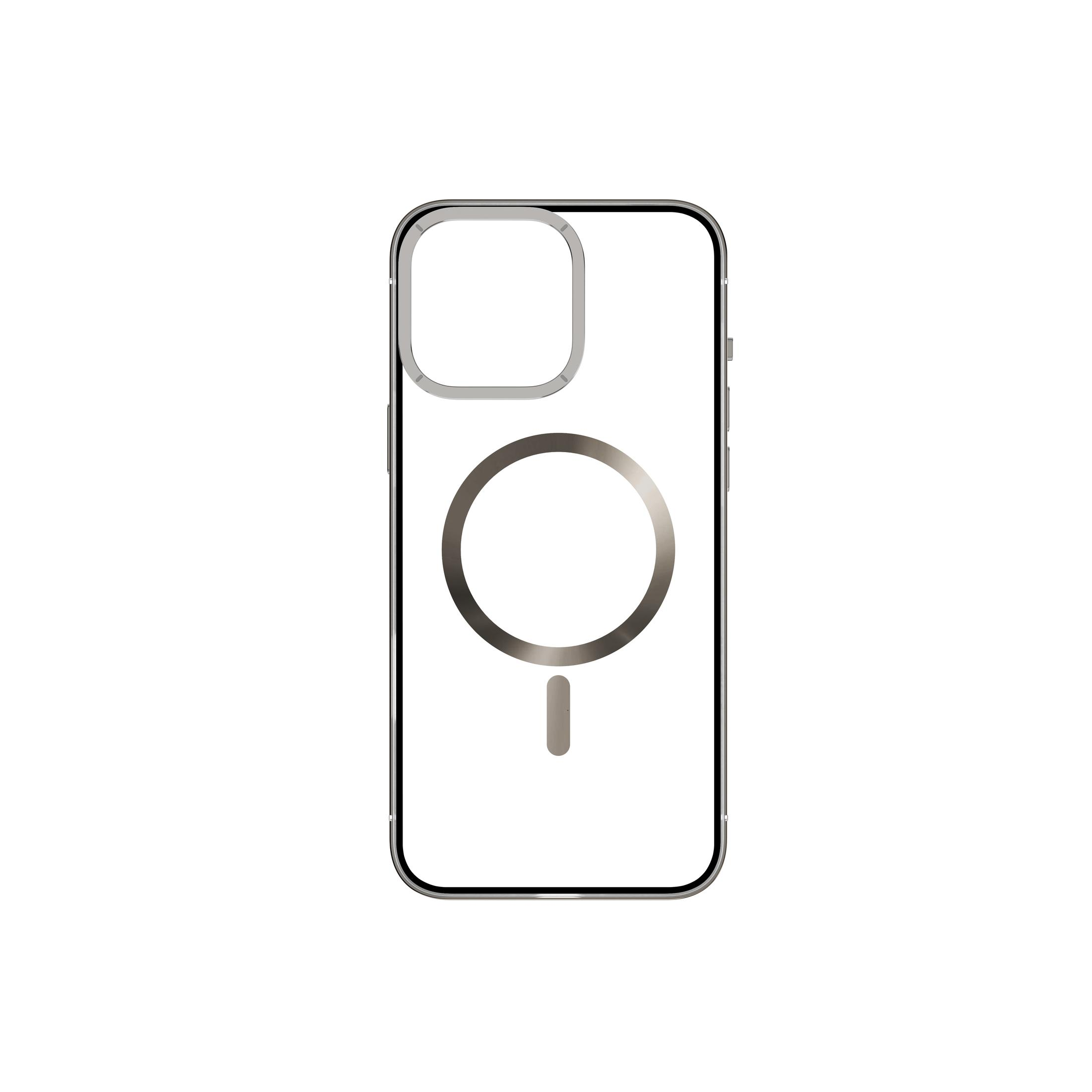 Transparente Handyhülle mit MagSafe-Ring. Die Hülle hat einen Kameraausschnitt und Knöpfe.
