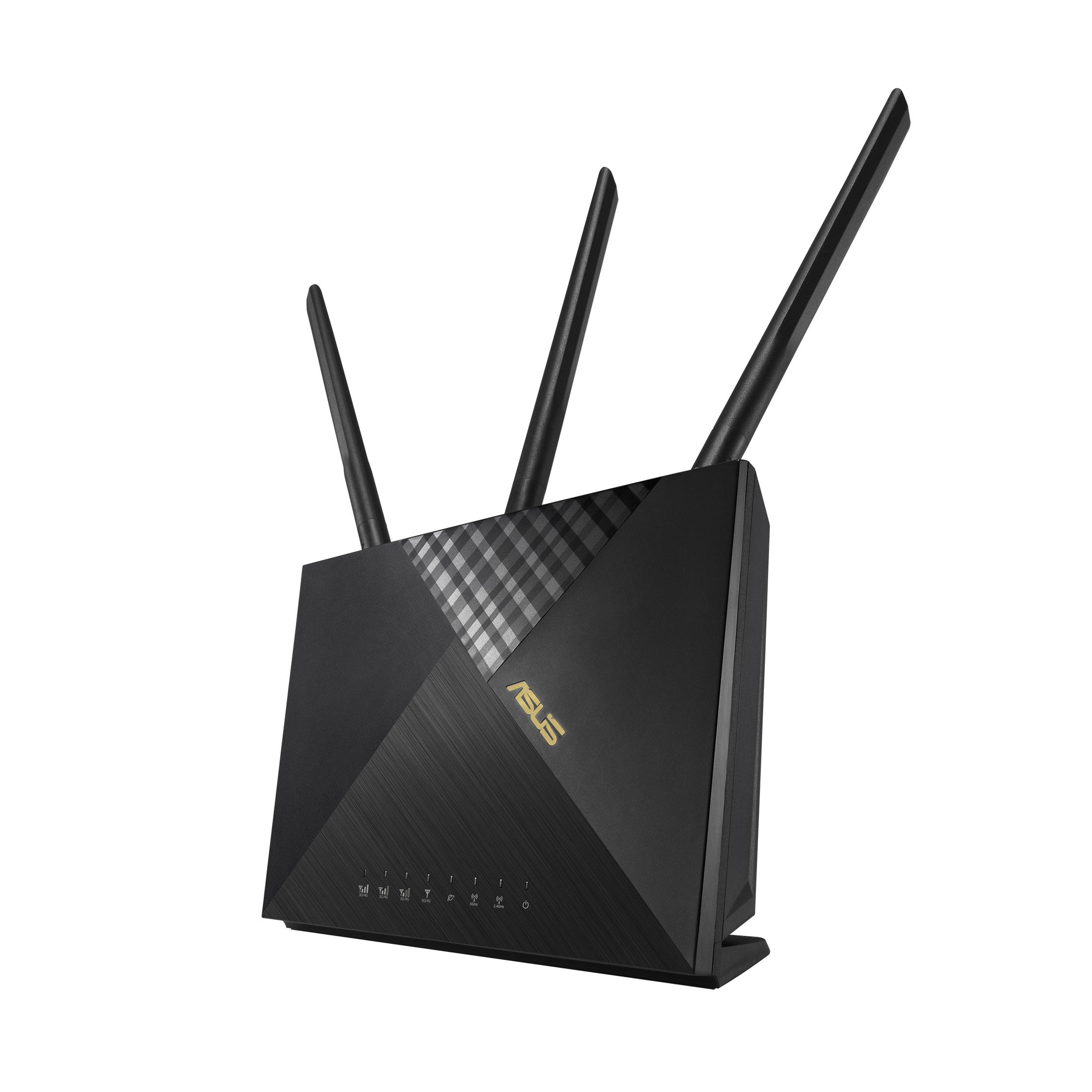Schwarzer ASUS-Router mit drei Antennen, steht auf einer weißen Oberfläche, schräge Ansicht.