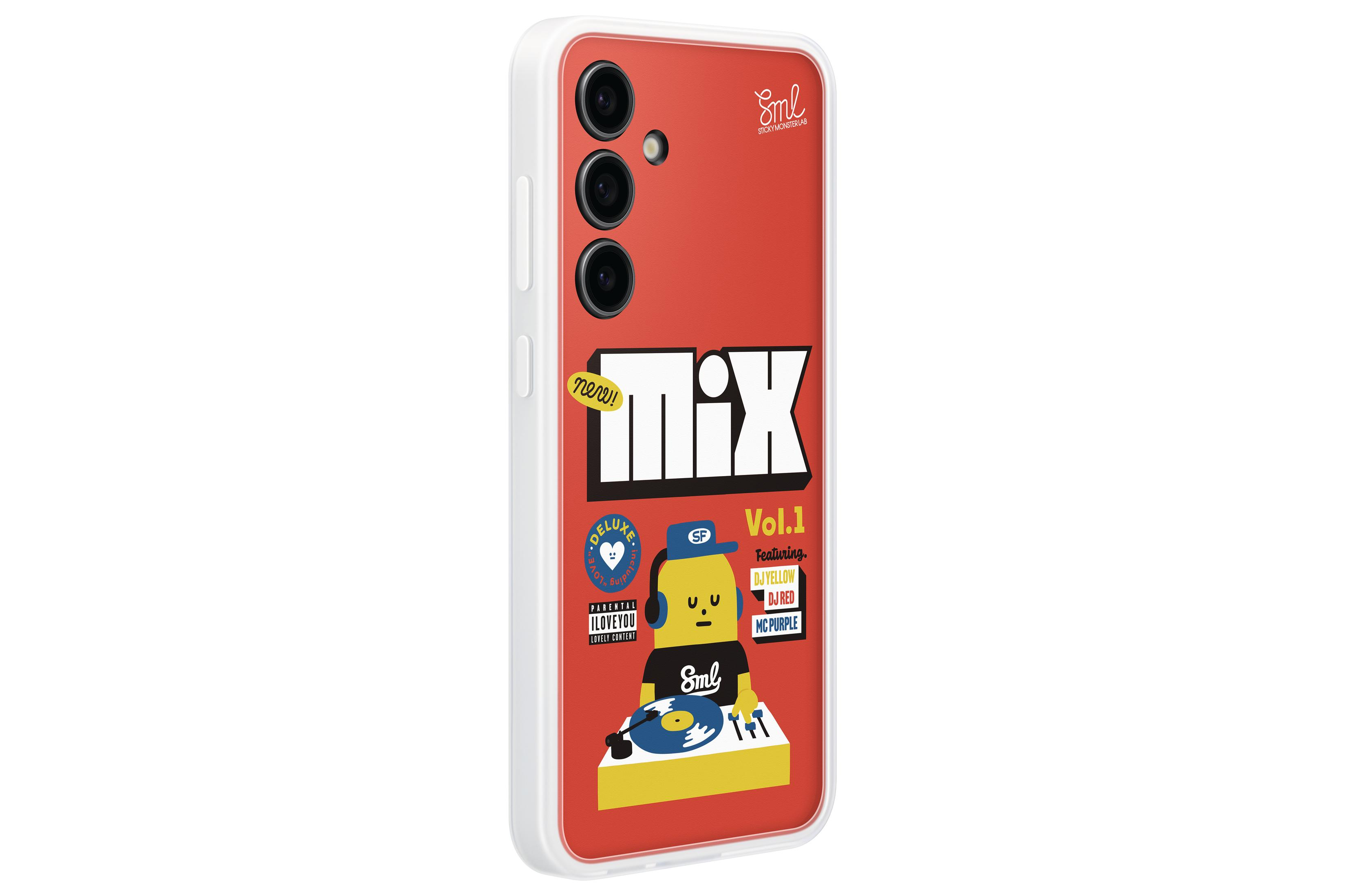 Una custodia per telefono rossa e bianca con un design colorato di un giradischi e testo.