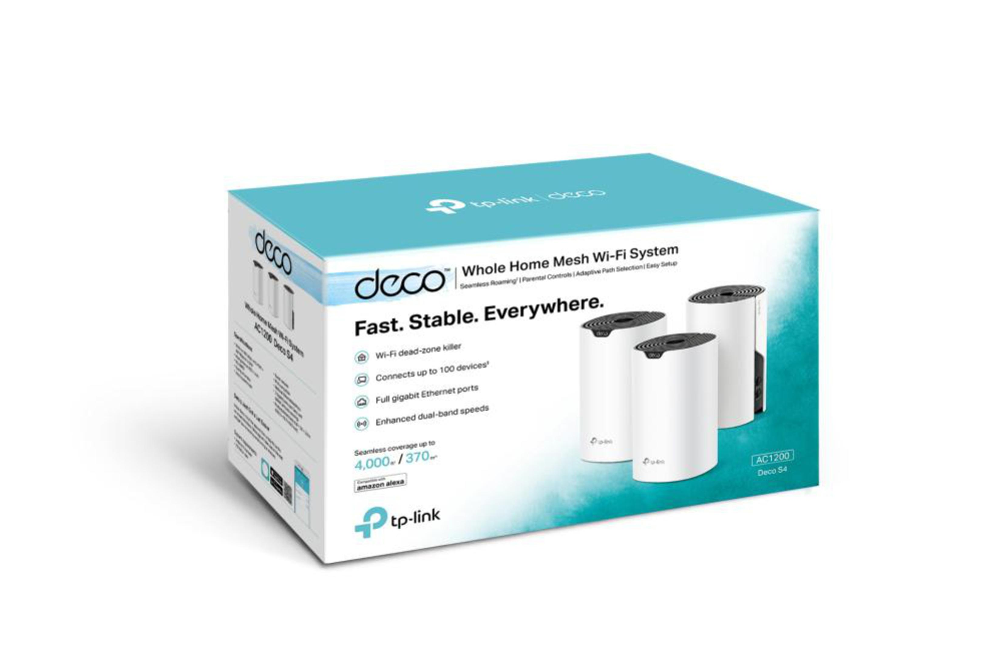 Zapakowany system Wi-Fi TP-Link Deco z białymi jednostkami mesh. Tekst: Szybko. Stabilnie. Wszędzie.