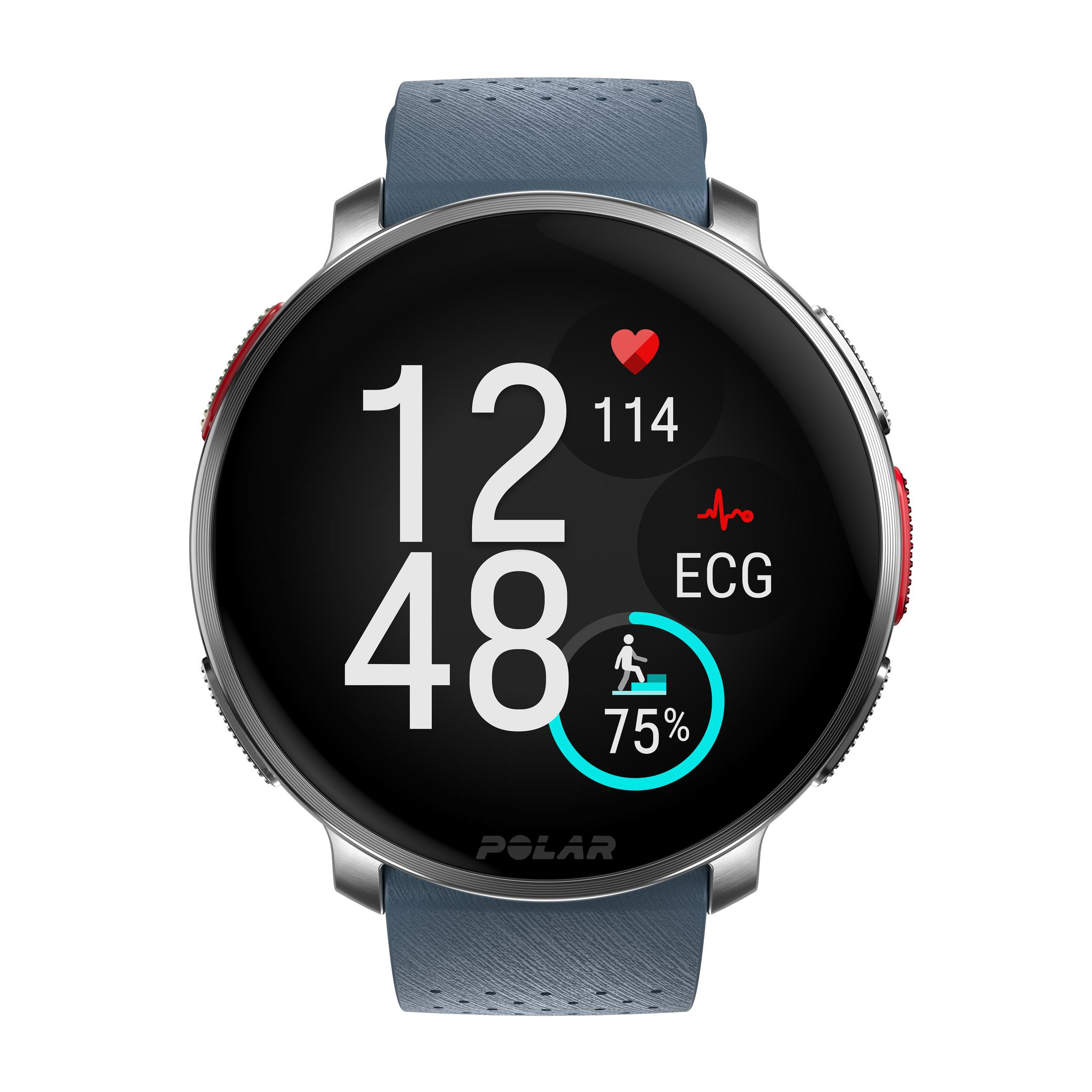 Smartwatch nero con cinturino blu. Visualizza: 12:48, 114 bpm, ECG e progresso attività 75%.