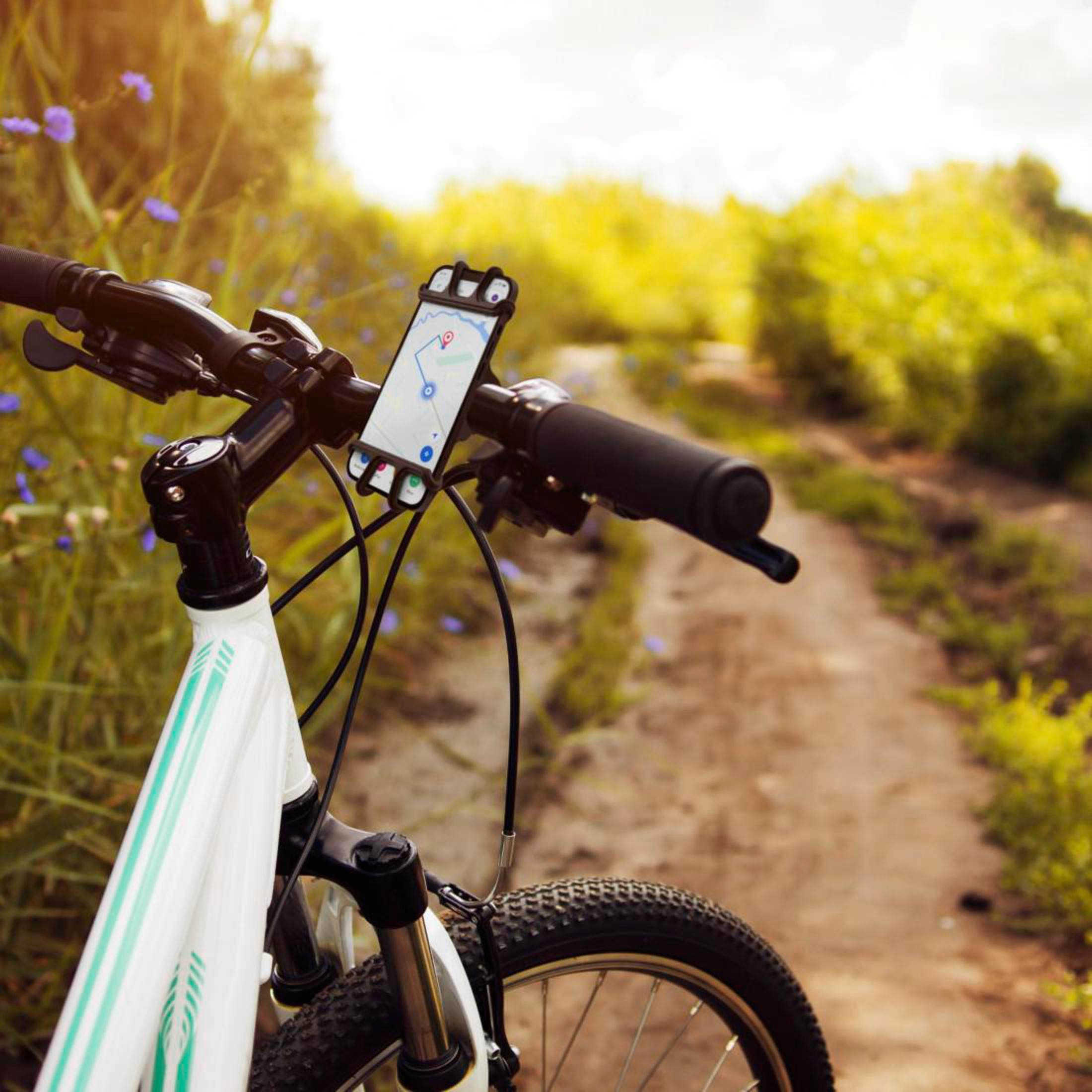 Nahaufnahme des Fahrradlenkers mit einem montierten Telefon, das eine Karte auf einem Feldweg anzeigt.