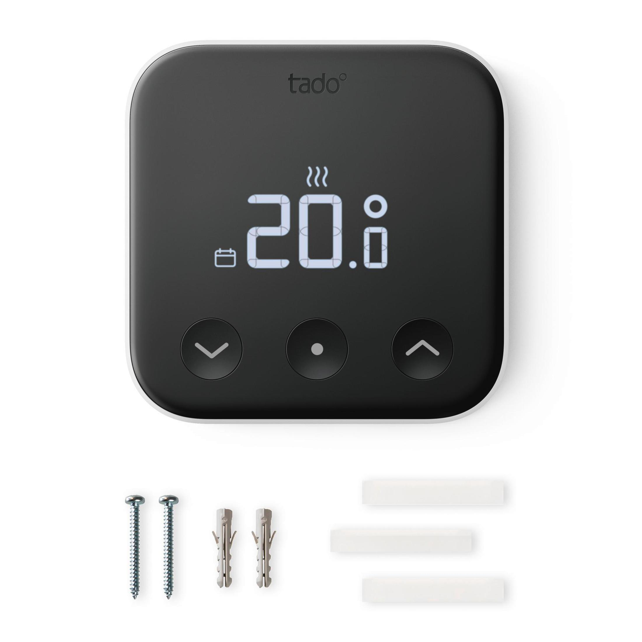 A black thermostat with a screen displaying 20.0 and mounting hardware.