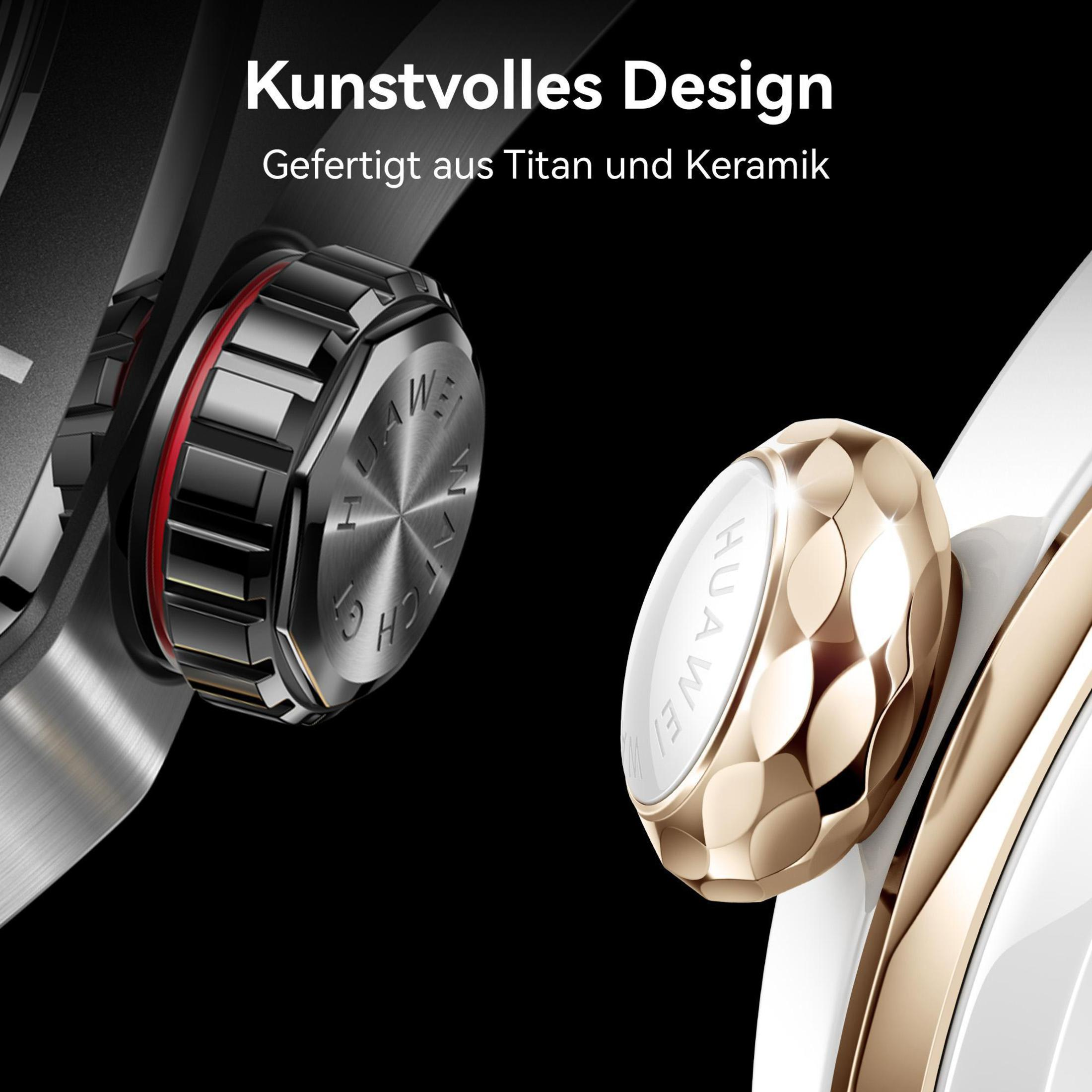 Zbliżenie dwóch przycisków zegarka, jeden czarny i jeden złoty, z czarnym tłem. Tekst: Kunstvolles Design, Gefertigt aus Titan und Keramik.