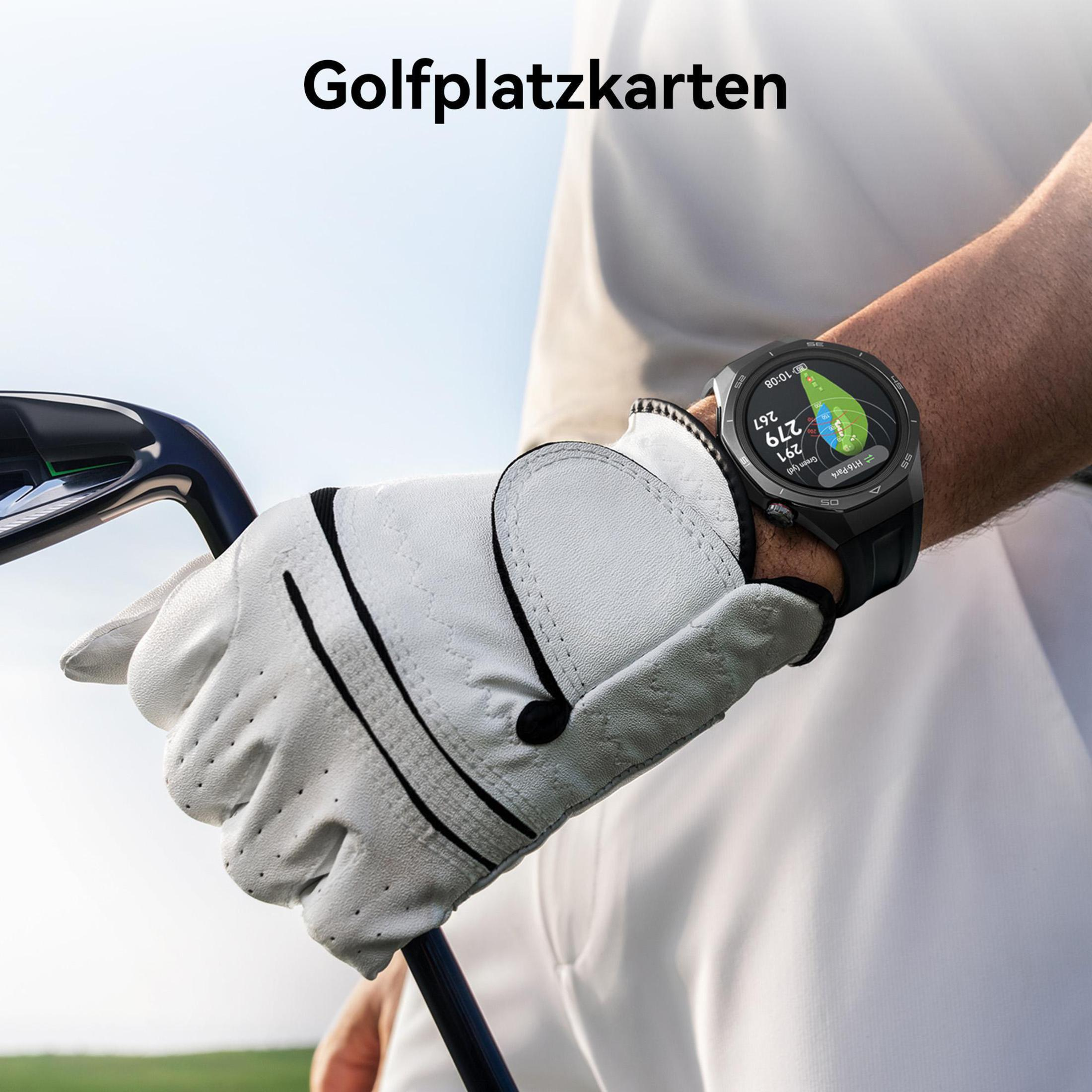 Osoba w rękawicy golfowej i smartwatchu z mapą pola golfowego.