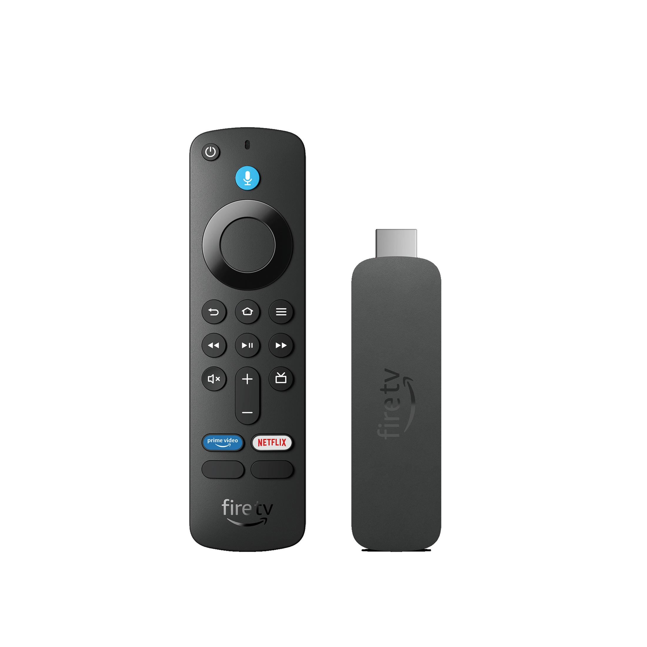 Amazon Fire TV Fernbedienung und Stick. Die Fernbedienung hat Knöpfe, der Stick einen USB-Anschluss.