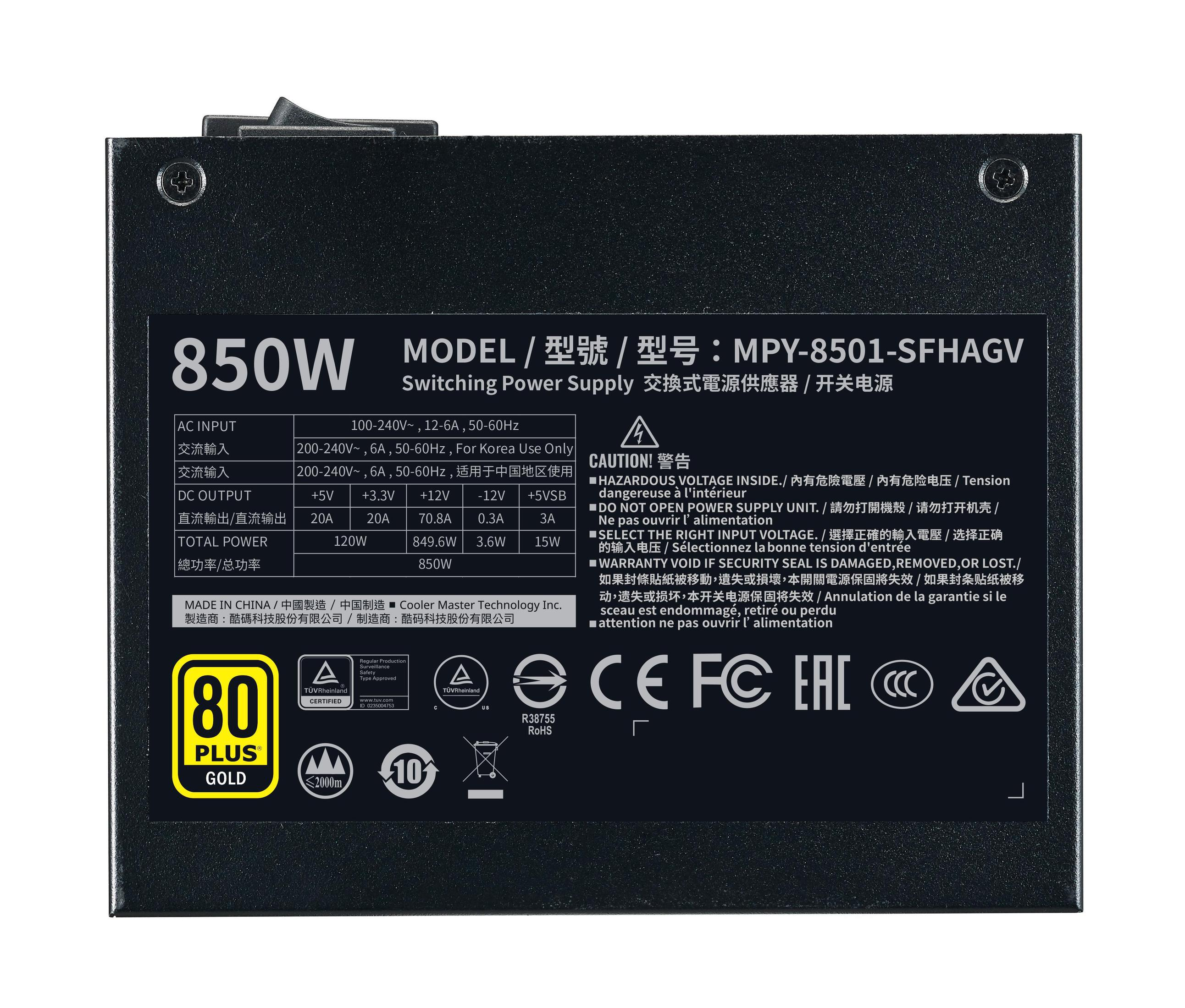 Alimentatore da 850W con testo ed etichette. Sfondo nero.