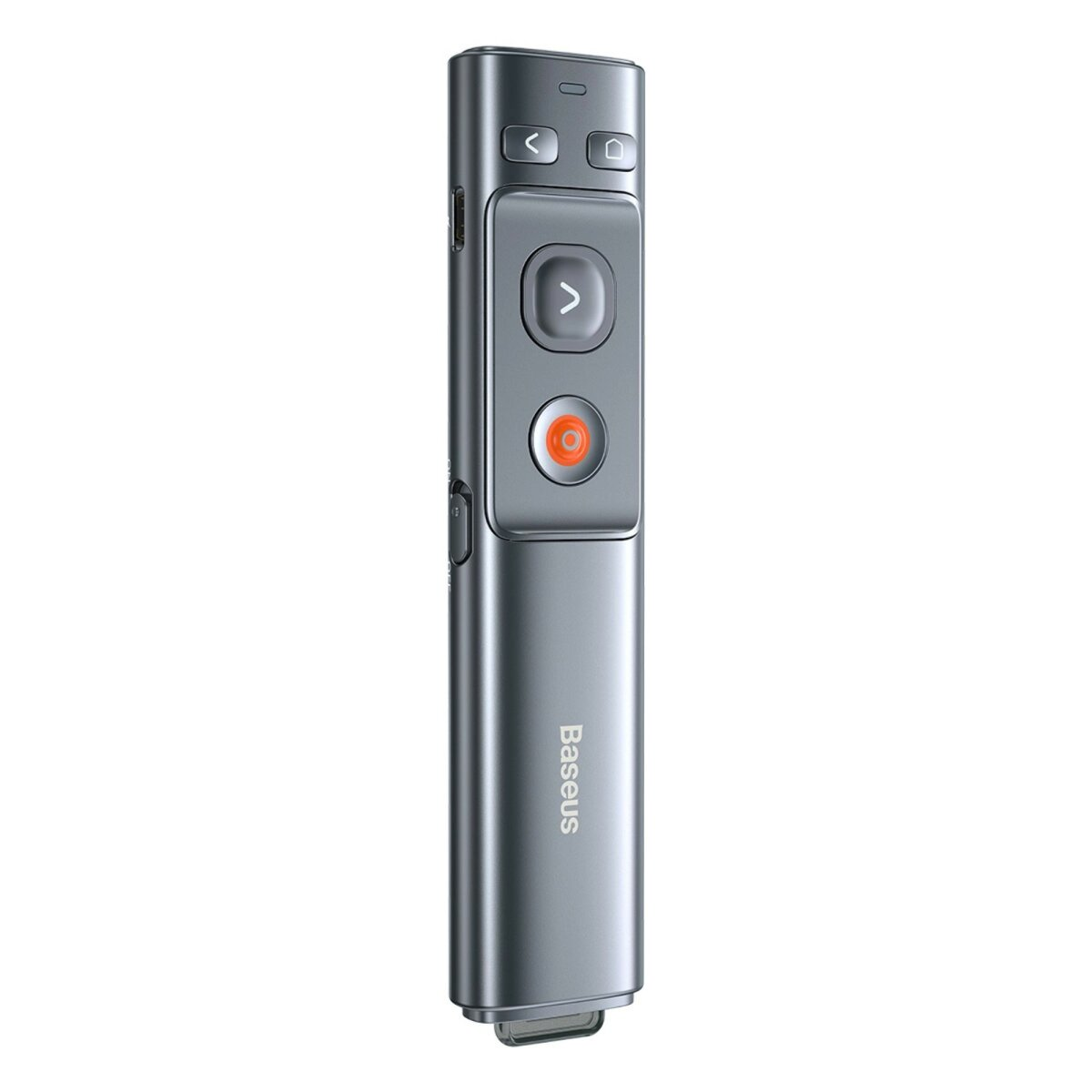 Un presentatore Baseus grigio con pulsanti, frecce e un pulsante rosso. Ha un usb in basso.