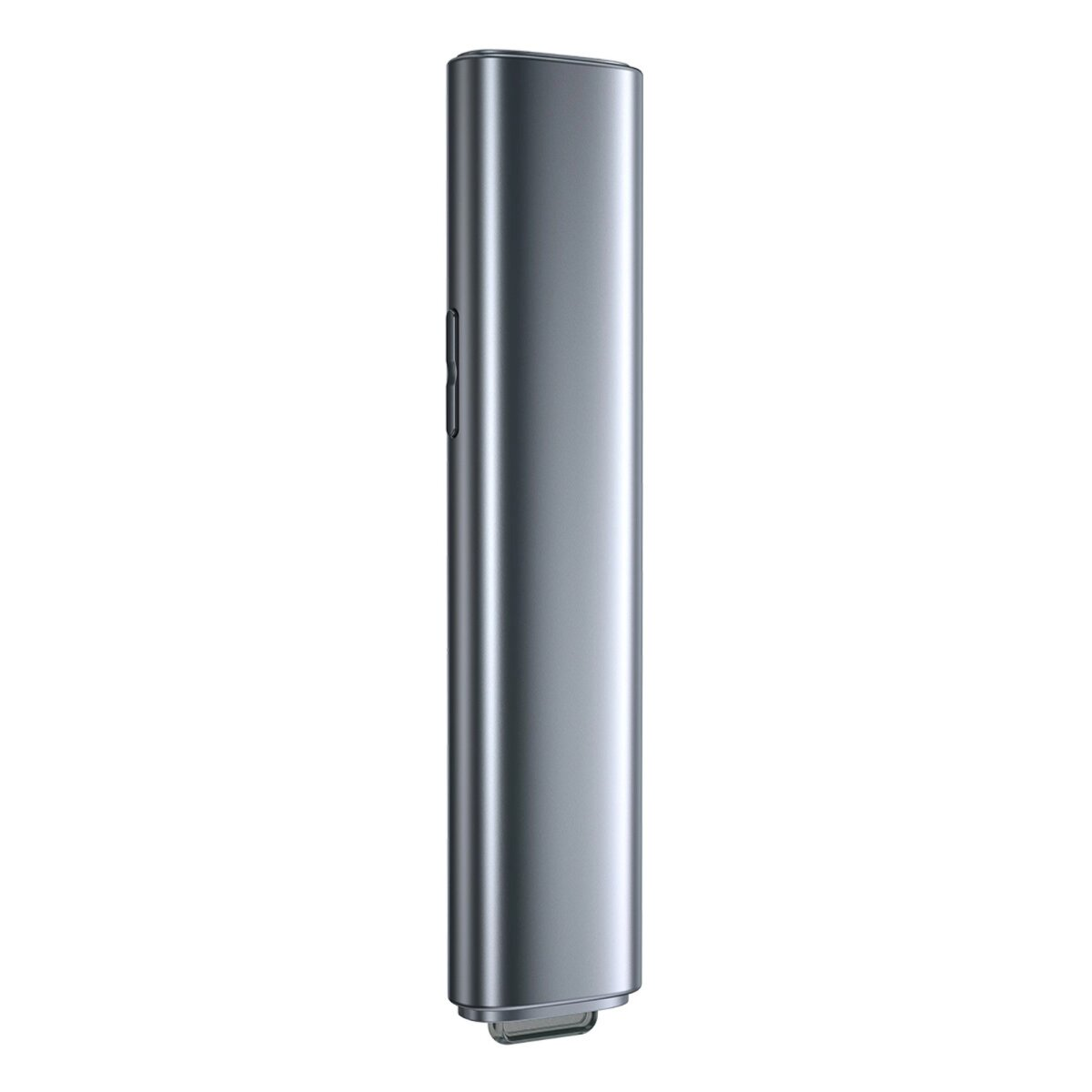 Un dispositivo verticale in metallo grigio, forse una penna vape, su sfondo bianco.