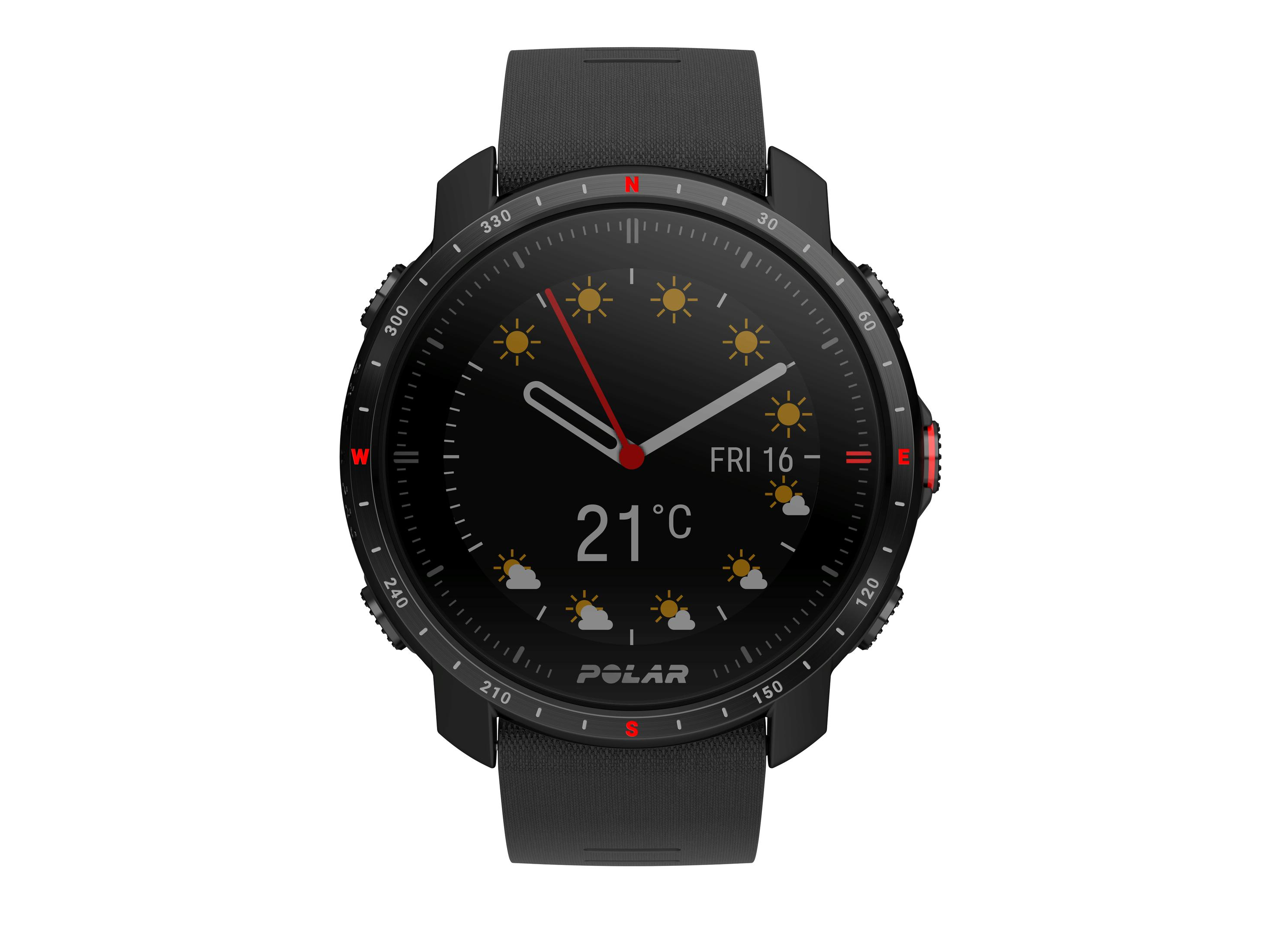 Czarny smartwatch z czarnym paskiem. Ekran wyświetla informacje o pogodzie i godzinę.