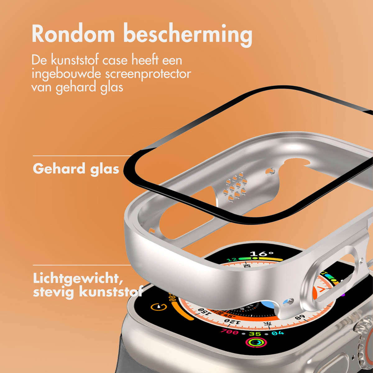 An exploded view of a watch case and screen protector. Text in Dutch.