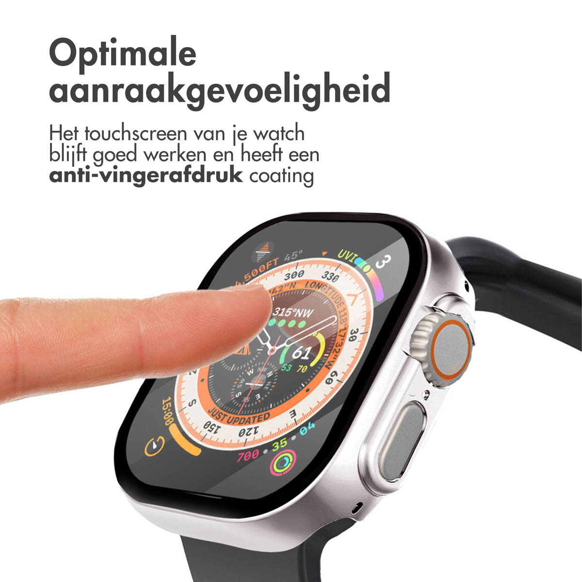 A finger touches a smartwatch screen, displaying data, black strap, silver case, white background.