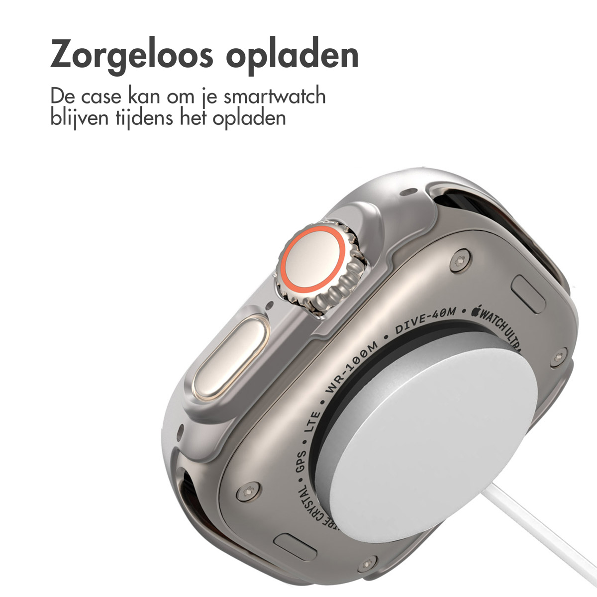 An Apple Watch Ultra on a charger. Text says "Zorgeloos opladen" (carefree charging).