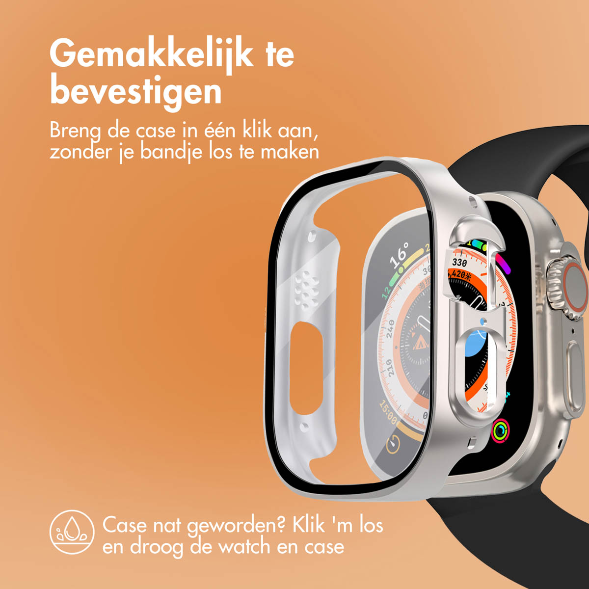 Silver watch case on a black band. Orange background with text.