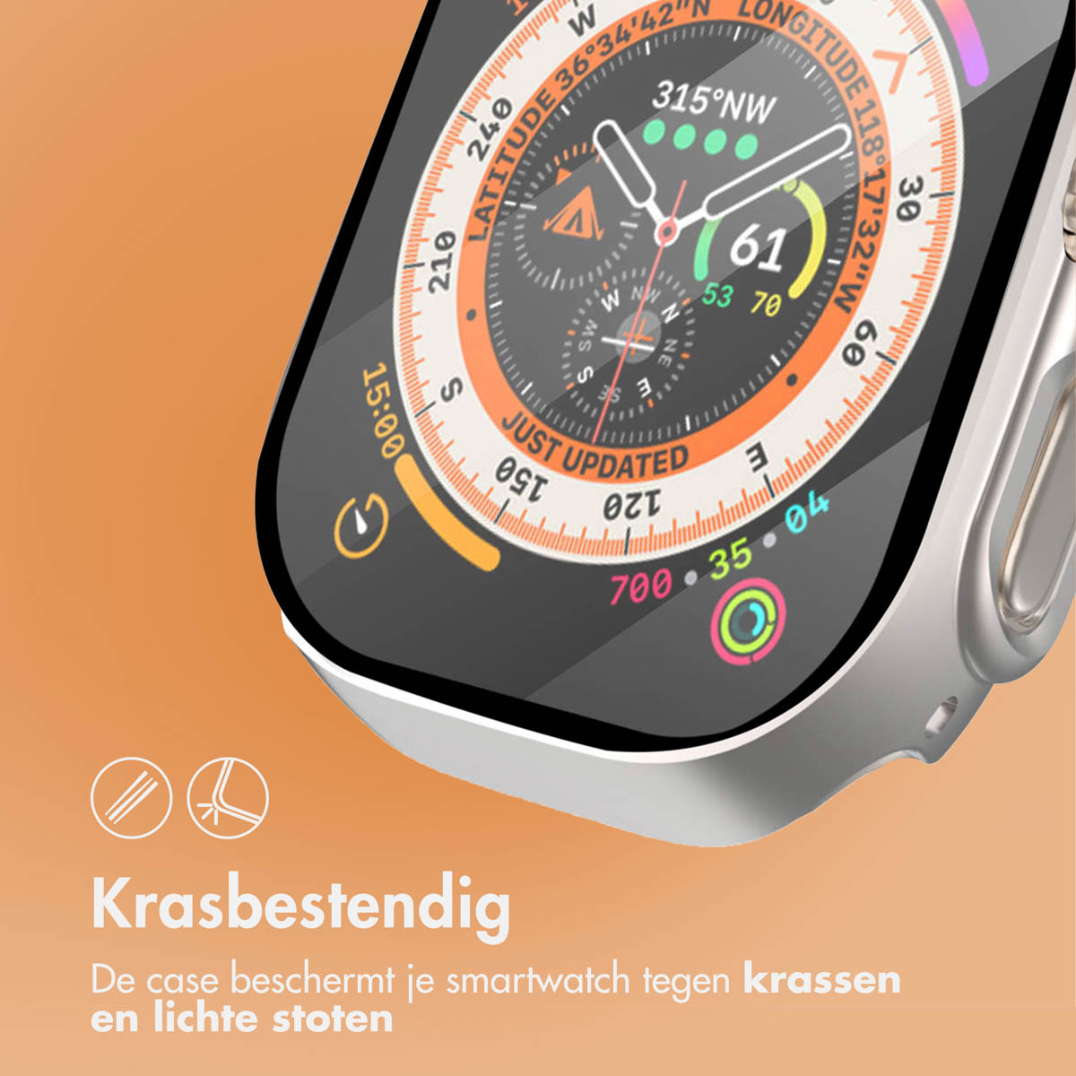 Smartwatch on orange background. The screen displays data. Text reads: Krasbestendig (scratch-resistant).
