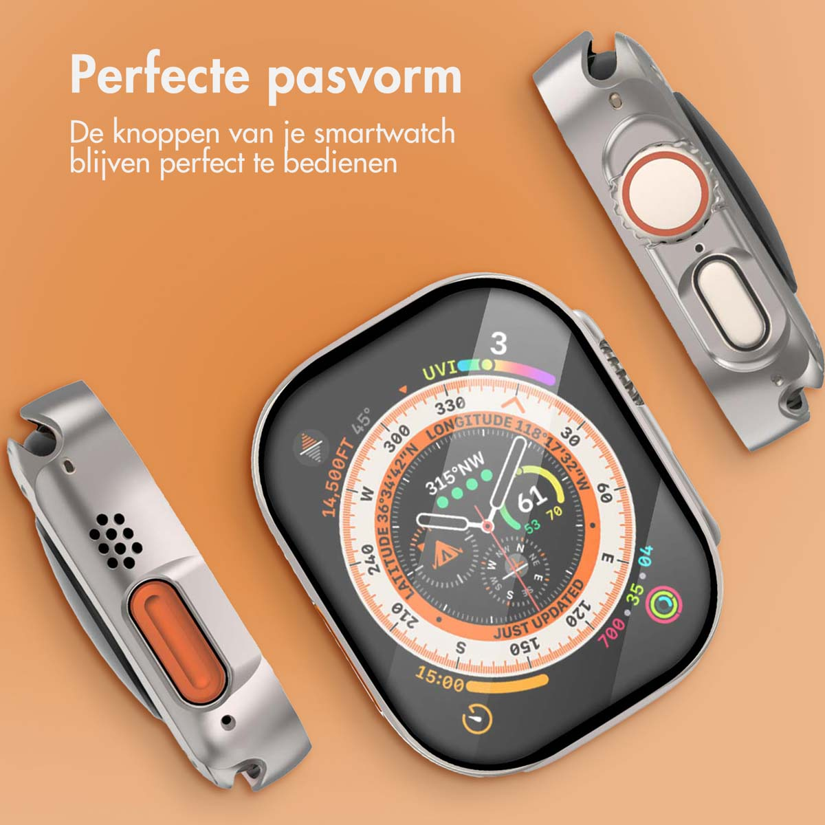 A smartwatch with a case and accessories. The text highlights perfect fit and button accessibility.