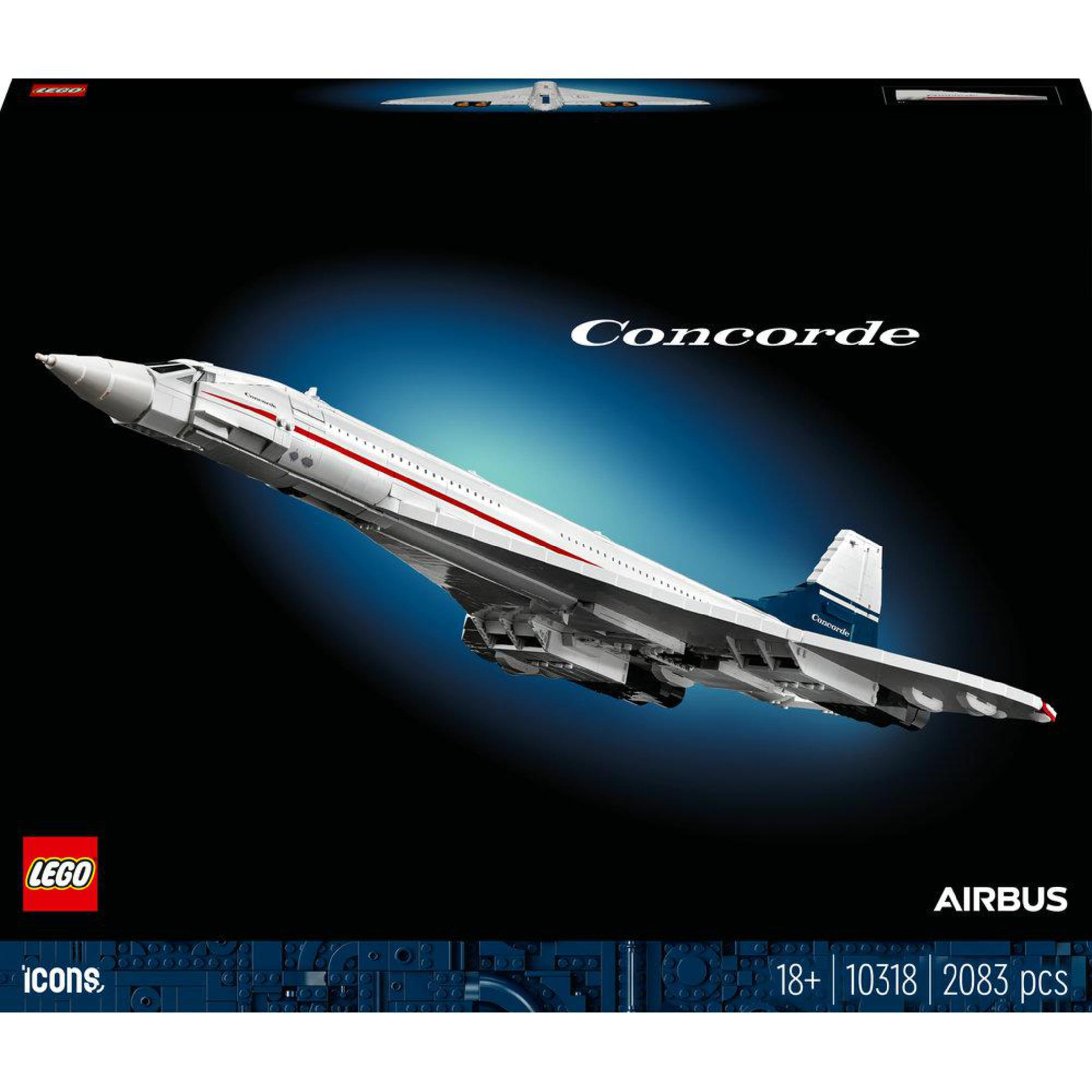 Grafika pudełka modelu LEGO Airbus Concorde. Odrzutowiec Concorde jest na środku. Pudełko ma logo LEGO i Airbus.