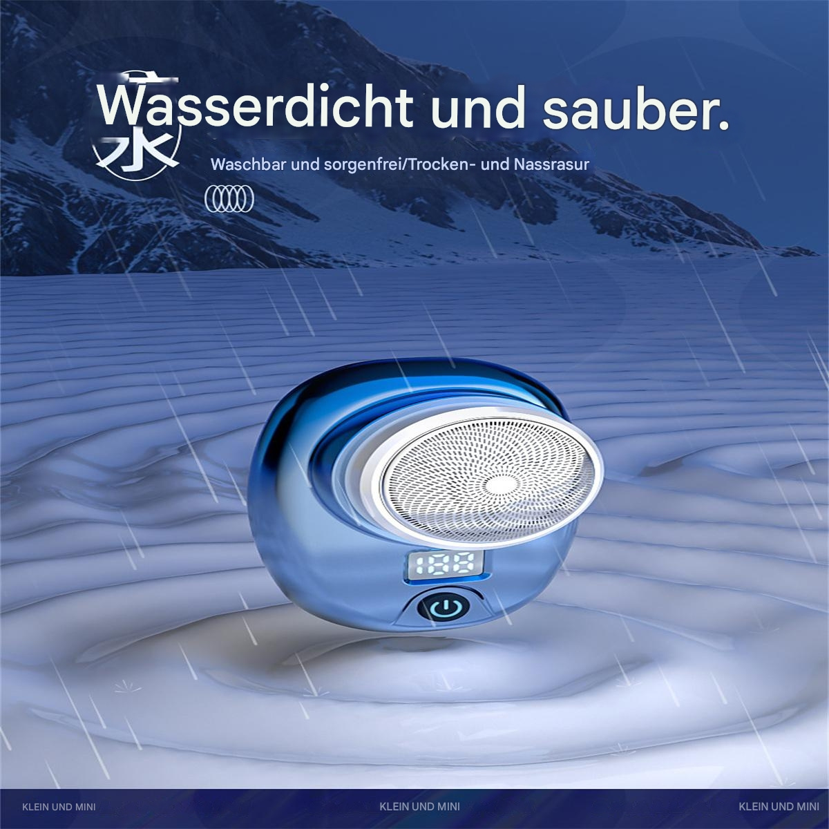 Ein blauer Elektrorasierer mit Digitalanzeige in verschneiter Umgebung.