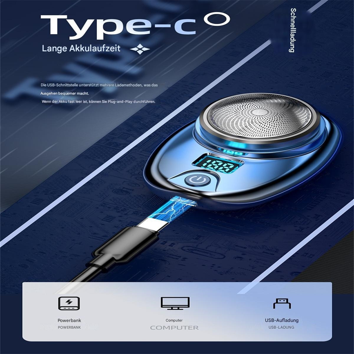 Blauer und silberner Rasierer mit USB-Kabel. Text enthält 'Type-C' und 'Schnellladung'.