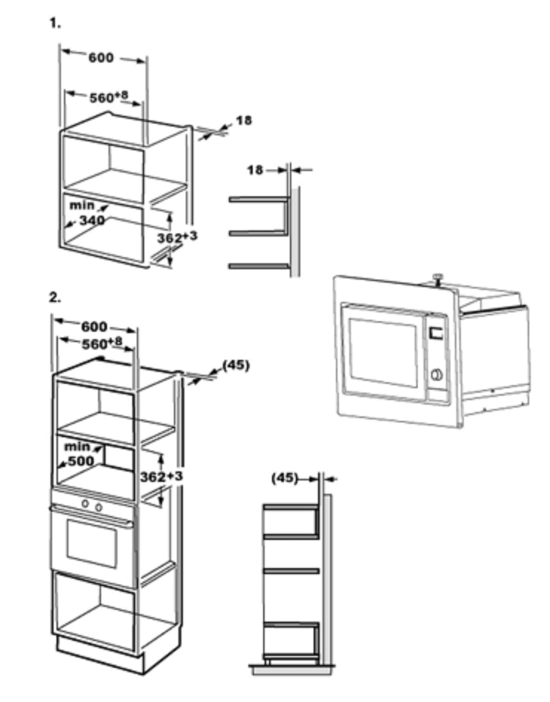 Technische tekening van een oven en magnetron installatie in een keukenkast.