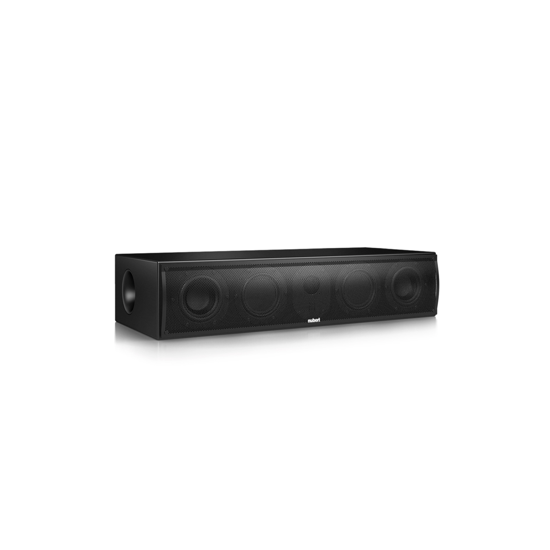 Schwarzer Soundbar-Lautsprecher auf weißem Hintergrund, mit mehreren Lautsprecheröffnungen.