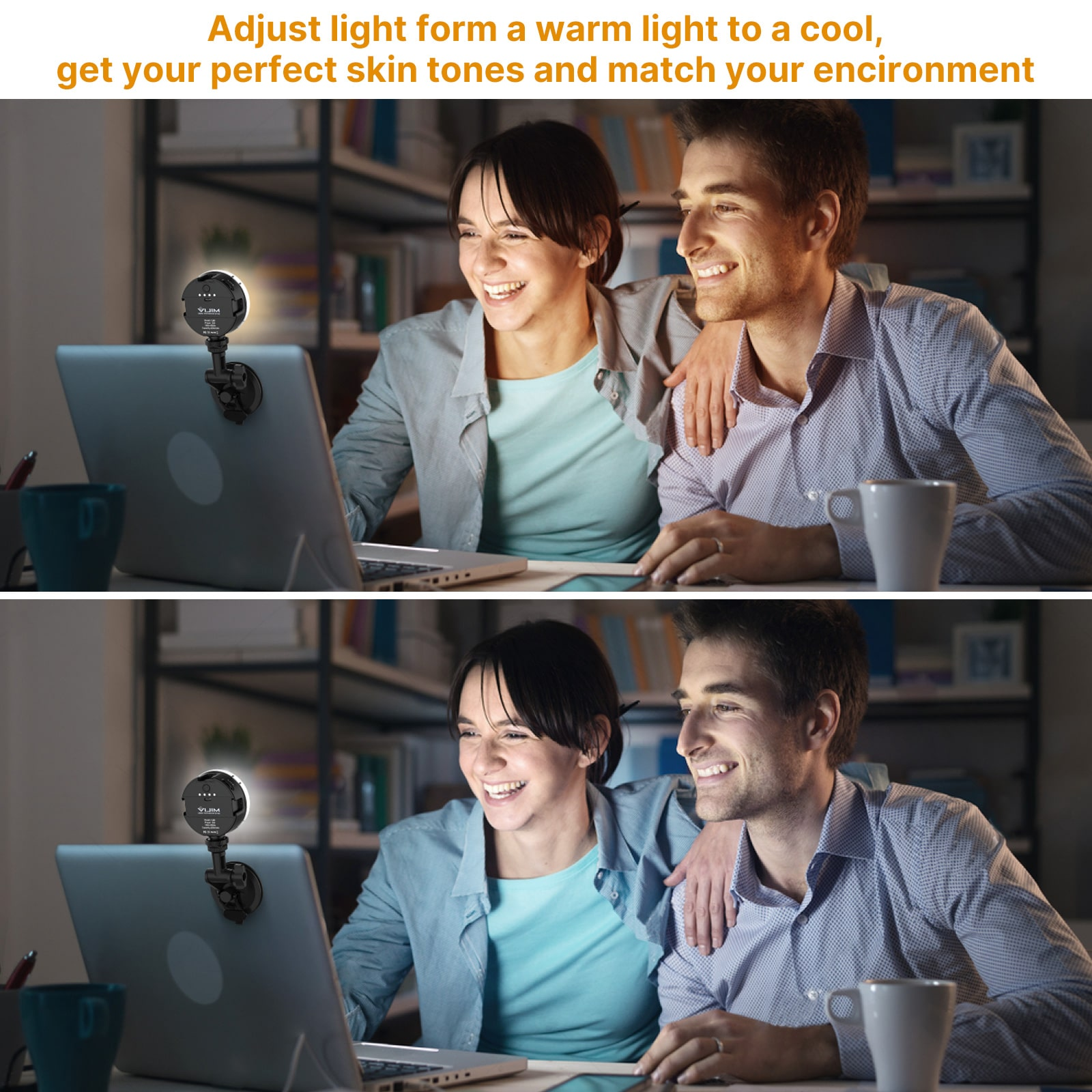 Twee mensen die naar een laptopscherm lachen. De afbeelding is in tweeën gesplitst met een bureaulamp.