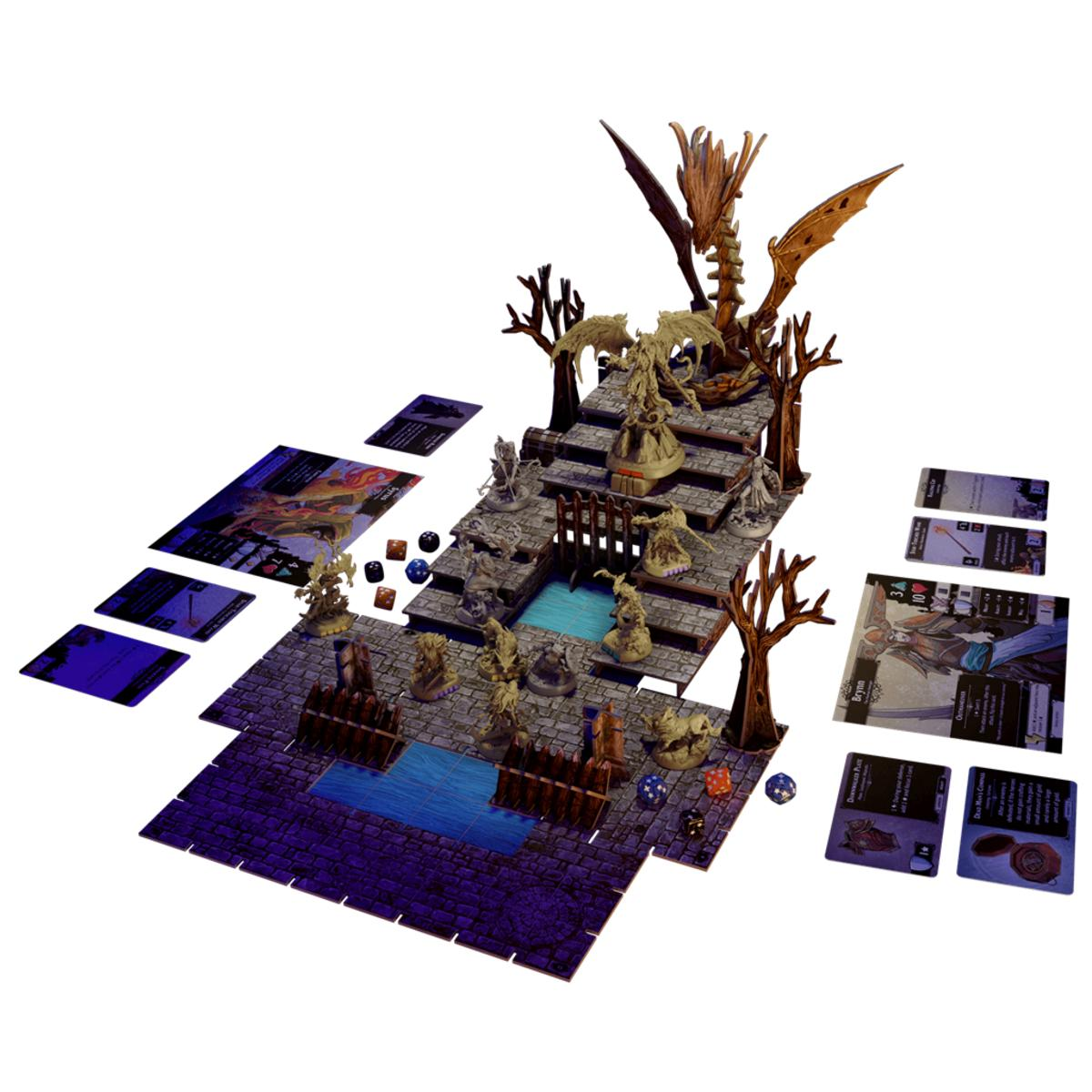 Configuración de juego de mesa con figuras de fantasía, dados y cartas en diseño.