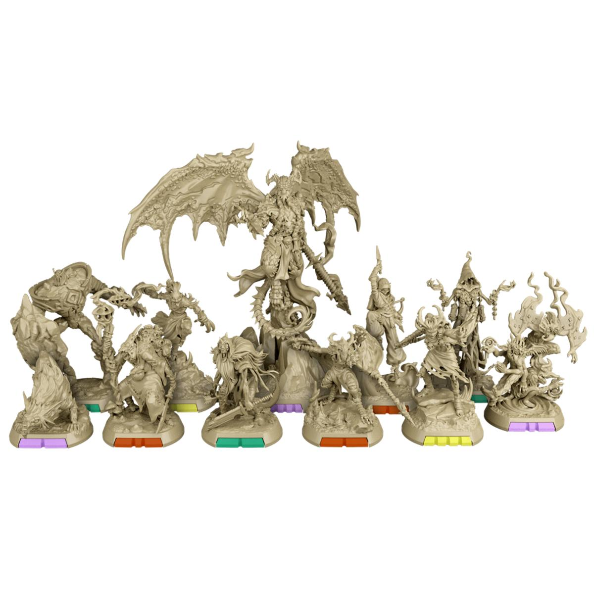 Una colección de figuras de fantasía en miniatura sobre bases de varios colores.