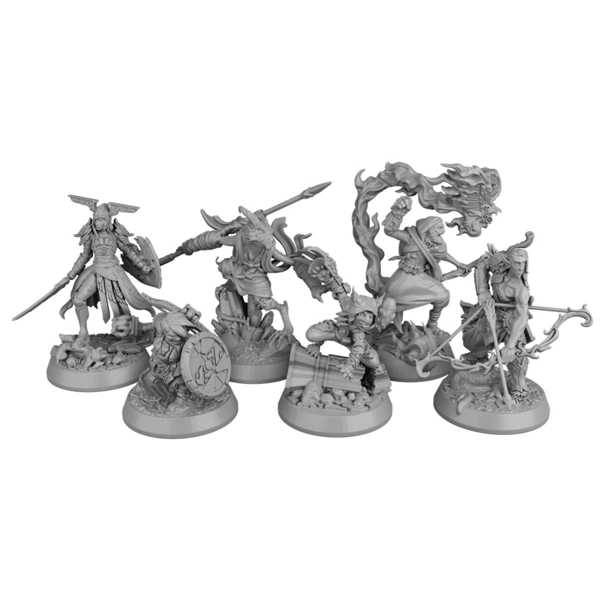 Seis miniaturas de fantasía grises, con armas y poses únicas, de pie sobre bases redondas.