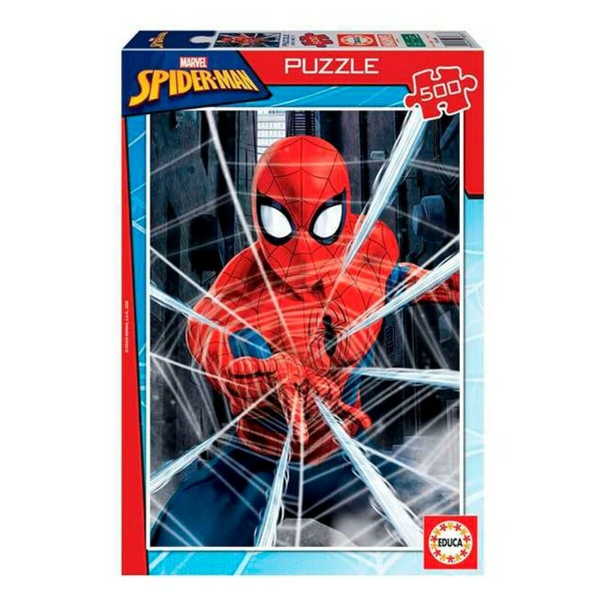 Puzzle Spidermana. Czerwono-niebieski superbohater w pajęczynie. Tło miasta. 500 elementów.