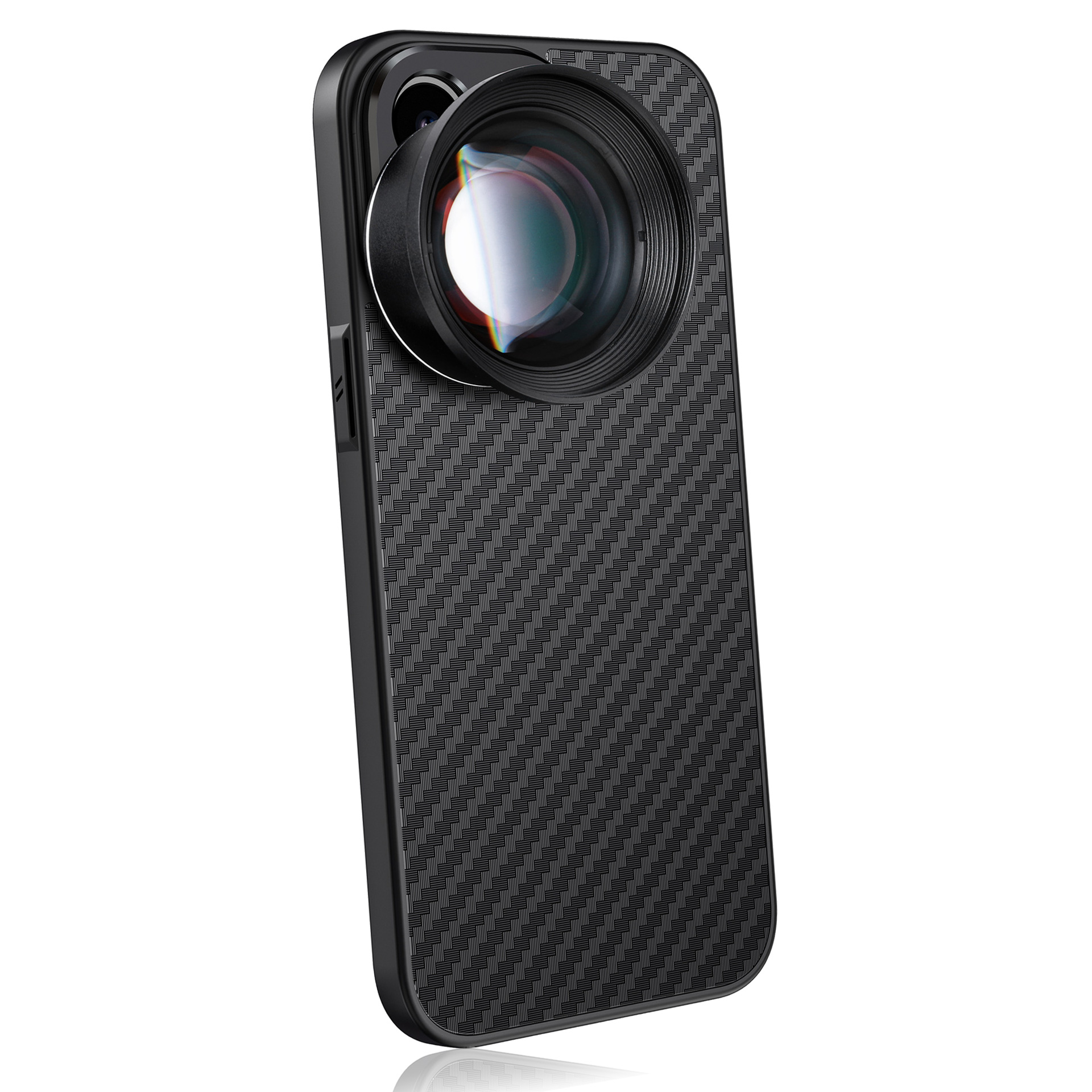 Coque de téléphone avec objectif fixé, texture fibre de carbone noire.