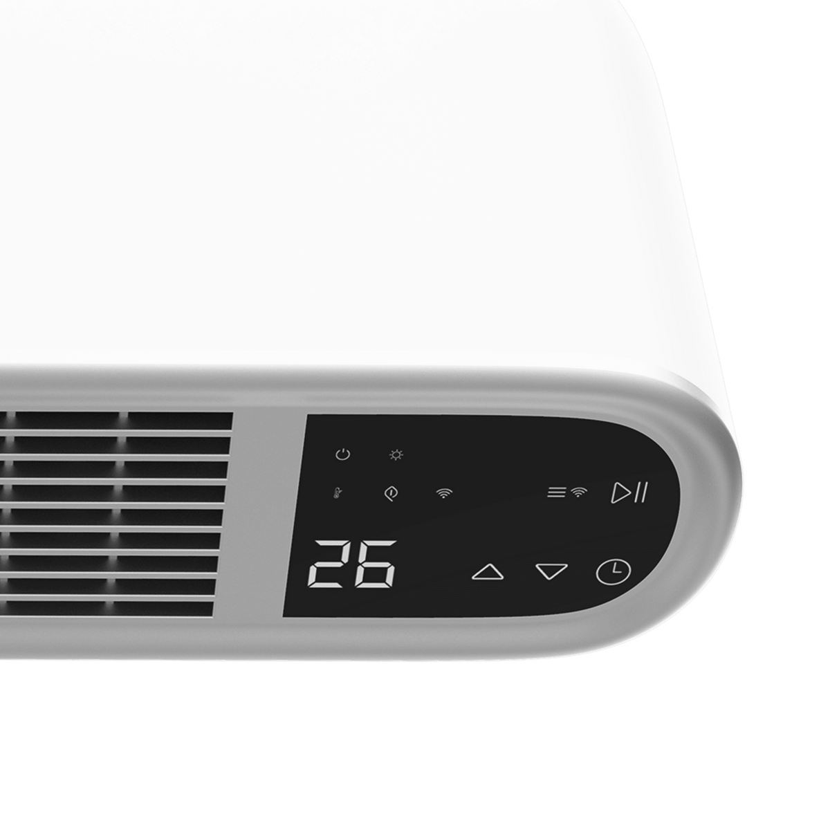 Un riscaldatore bianco con display digitale che mostra 26, con pulsanti di controllo.