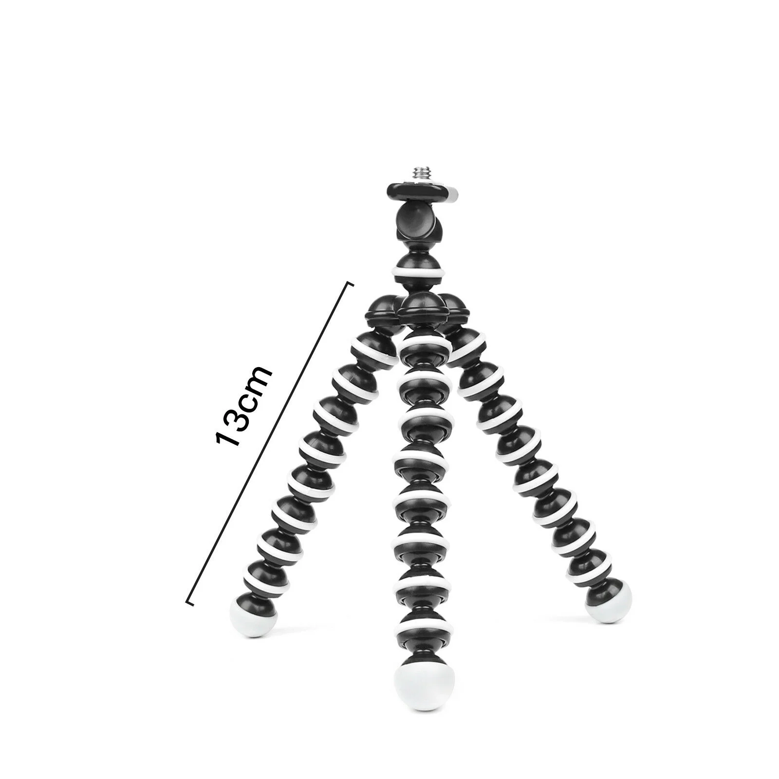 A black and white flexible tripod with a measurement of 13cm. White background. It has ball joints.