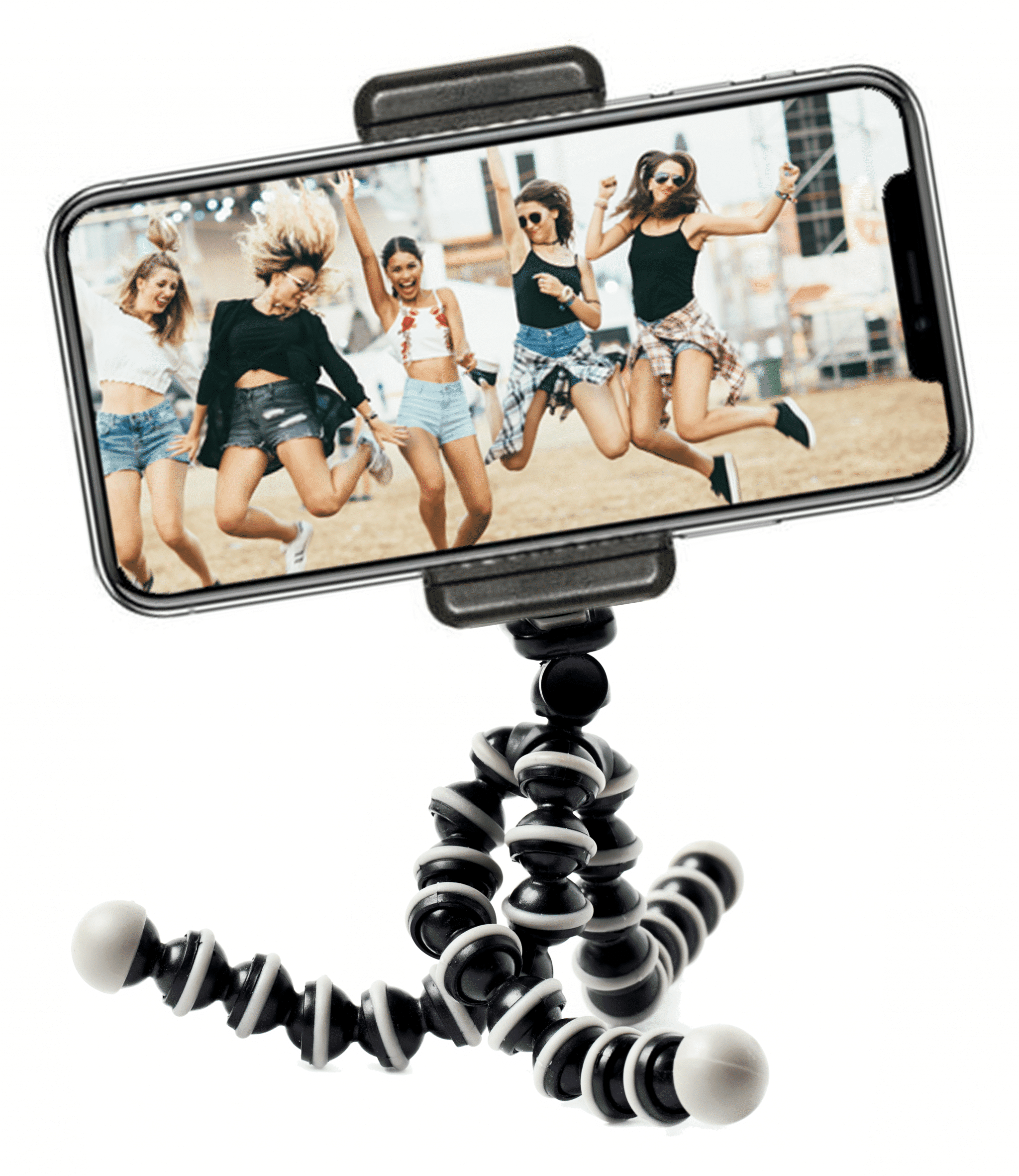 Phone on flexible tripod displays a photo of five people jumping in the air.