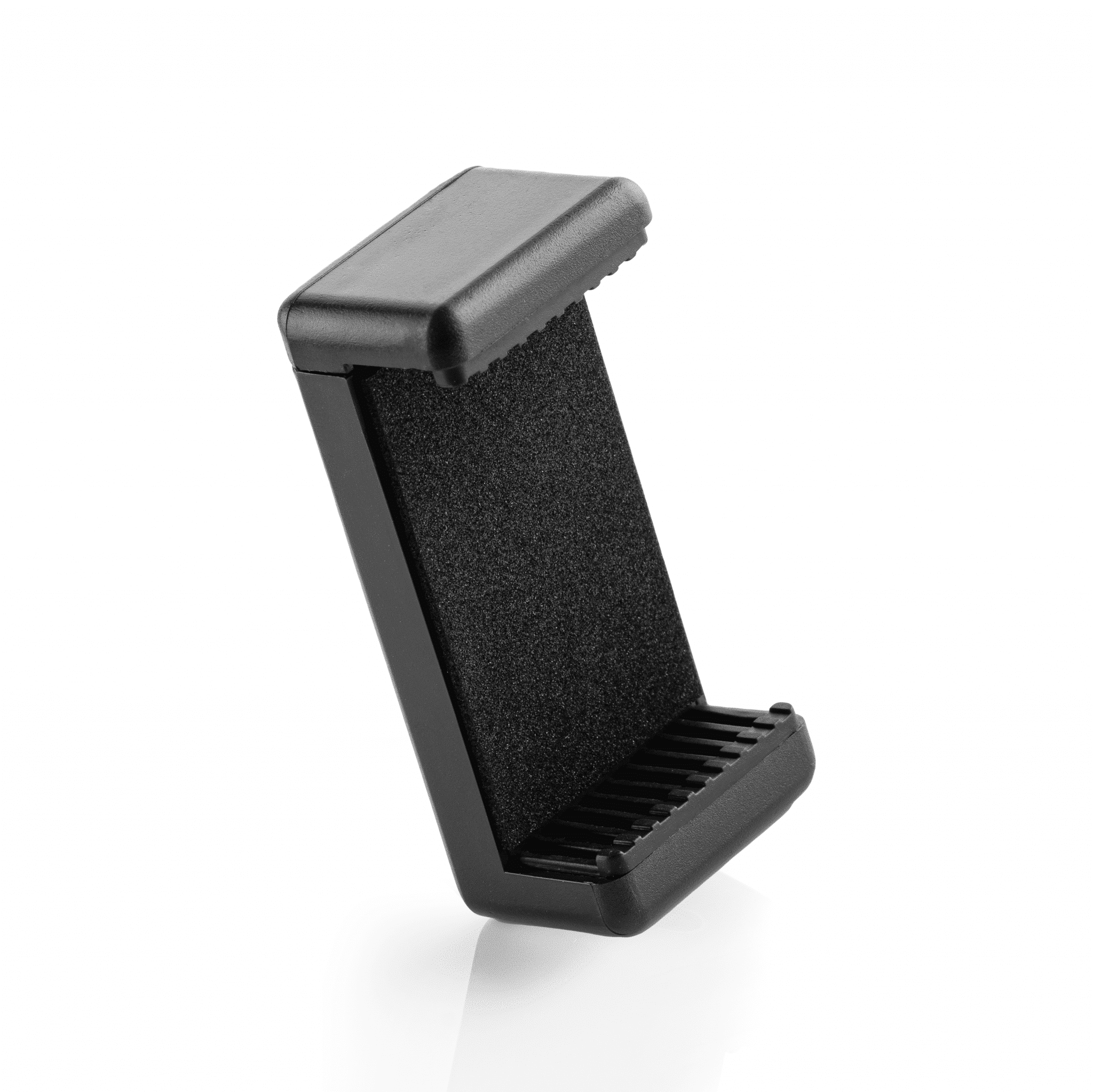 A black phone holder made of plastic, designed to grip a phone.