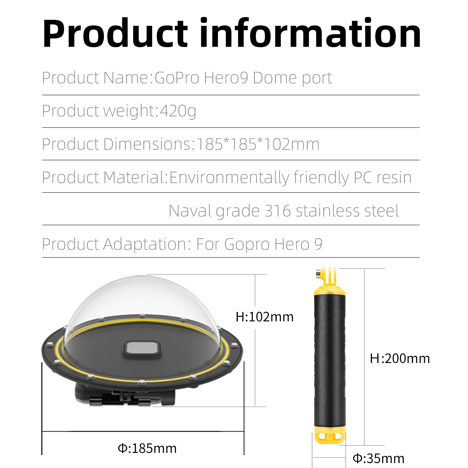 Productinformatie voor een GoPro Hero9 Dome-poort, met afmetingen en materiaaldetails.