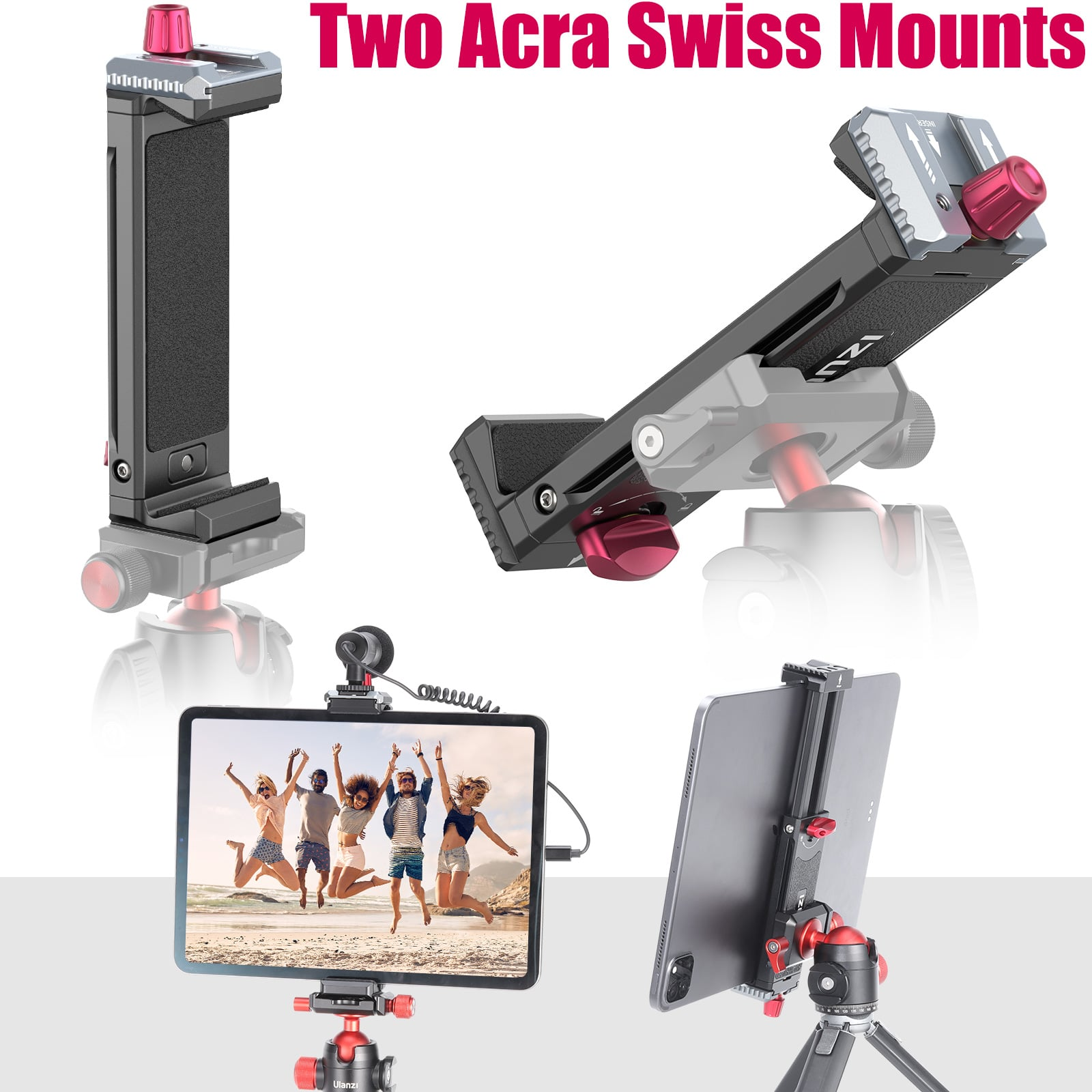 Dwa czarne mocowania z czerwonymi pokrętłami. Jeden trzyma tablet z skaczącą grupą; drugi, tablet.