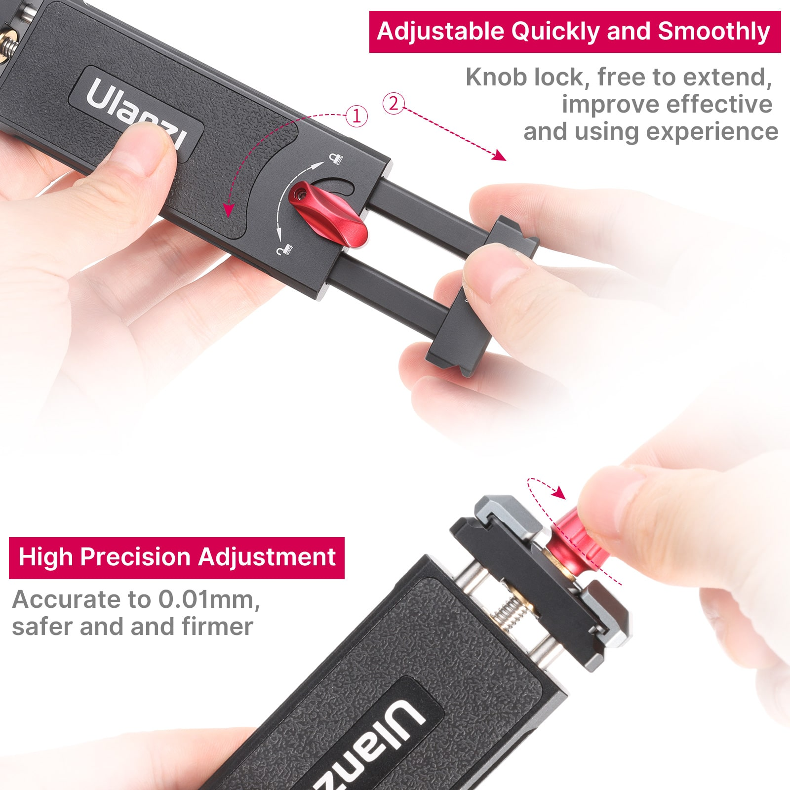 Czarny uchwyt na telefon z czerwonym pokrętłem. Ręce pokazują regulację uchwytu, z opisami tekstowymi.