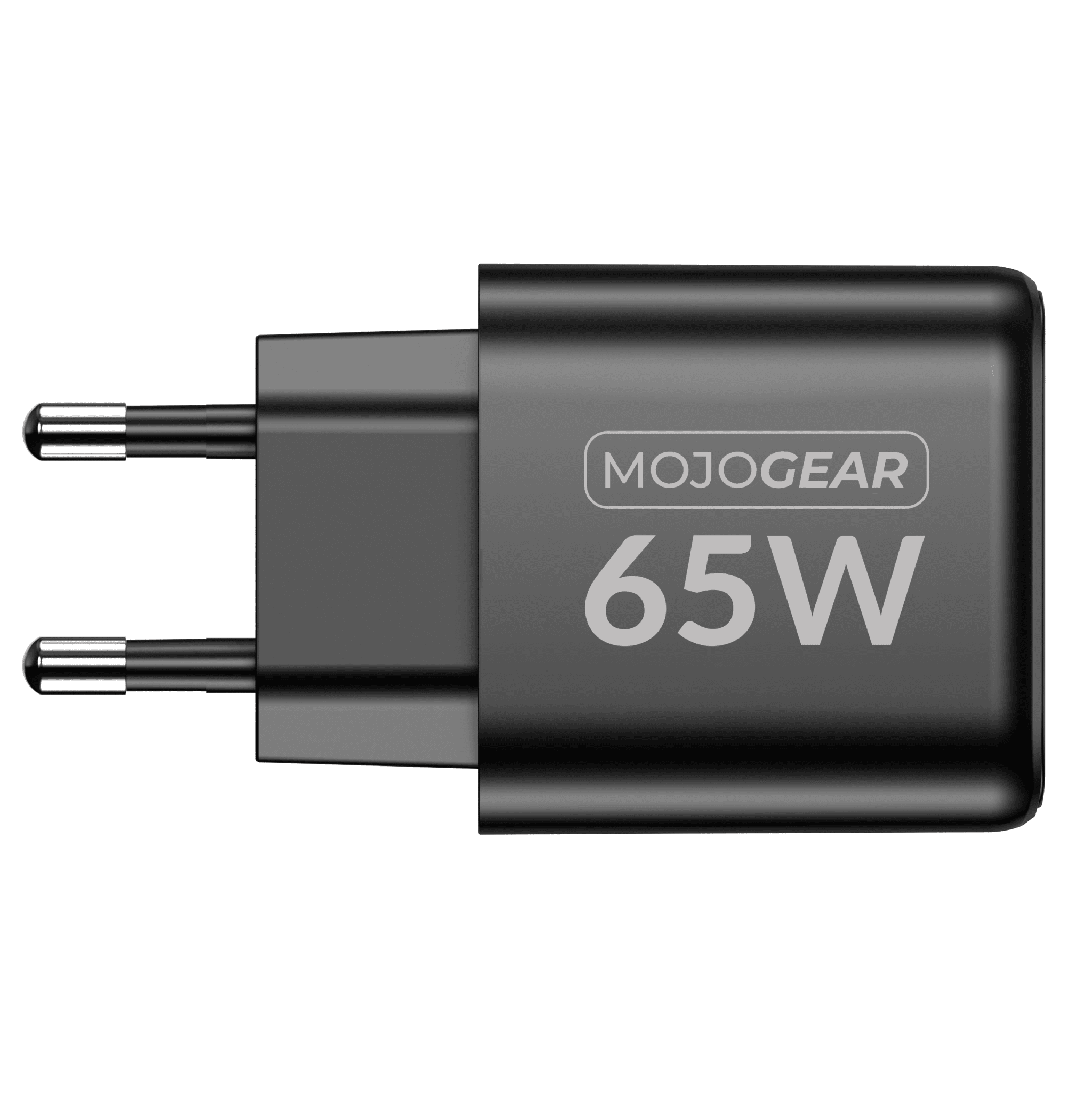 Een zwarte MojoGear 65W-oplader met twee metalen pinnen.