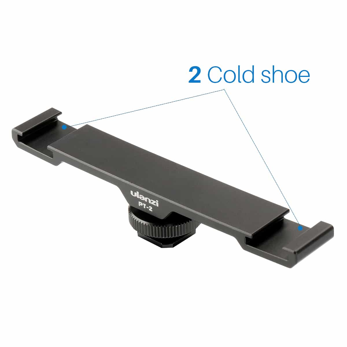 Accessorio per fotocamera in metallo nero con due supporti 'cold shoe'. Marchiato 'ulanzi PT-2'.