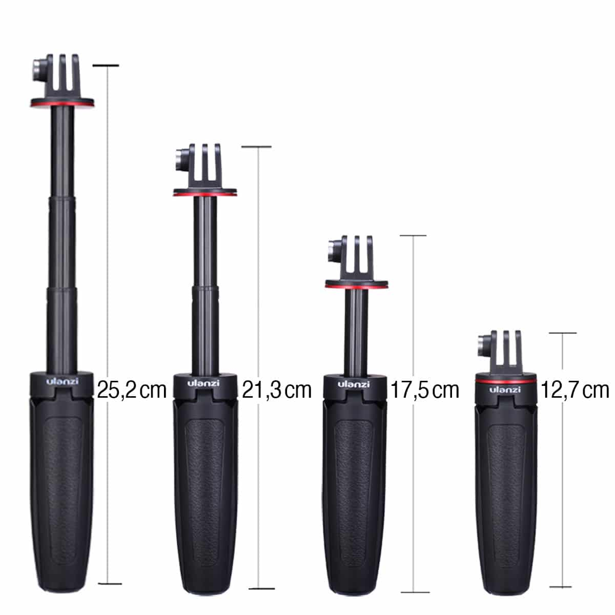 Cztery czarne kijki do selfie o różnych długościach, z wymiarami w centymetrach.